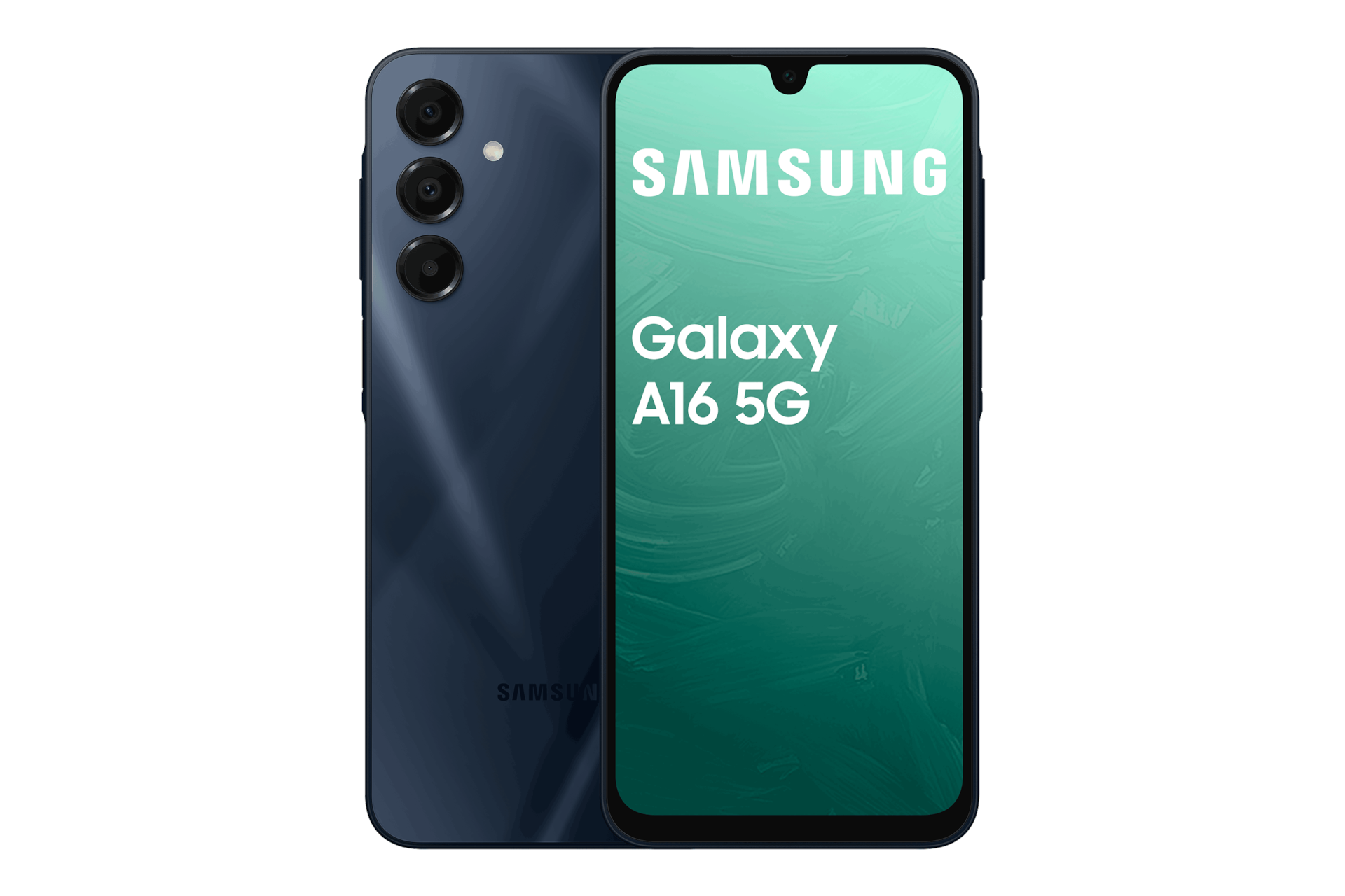 Ciemnoniebieski smartfon Samsung Galaxy A16 5G z trzema tylnymi aparatami.