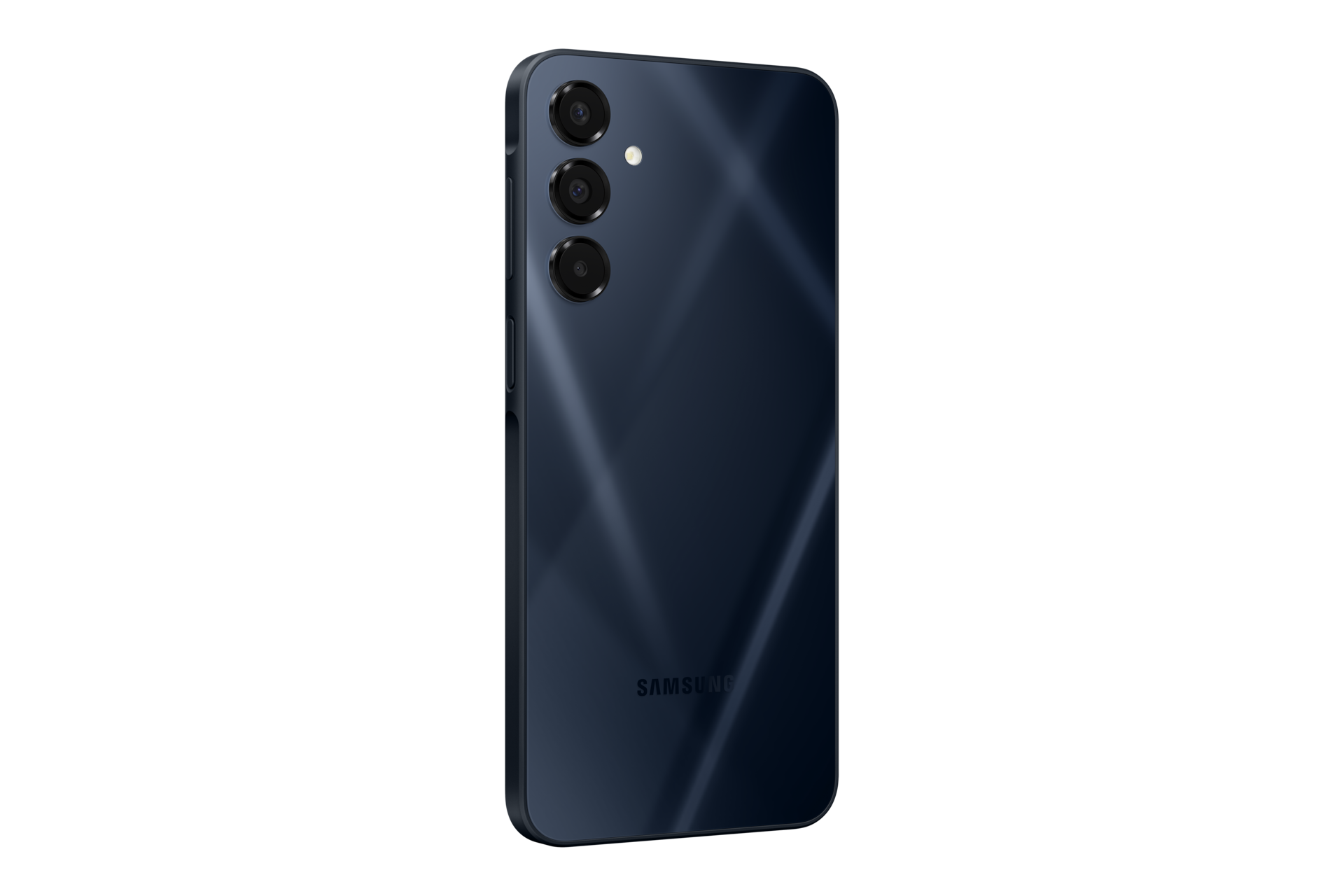 Ciemnoniebieski smartfon z trzema aparatami i logo Samsung na odwrocie.