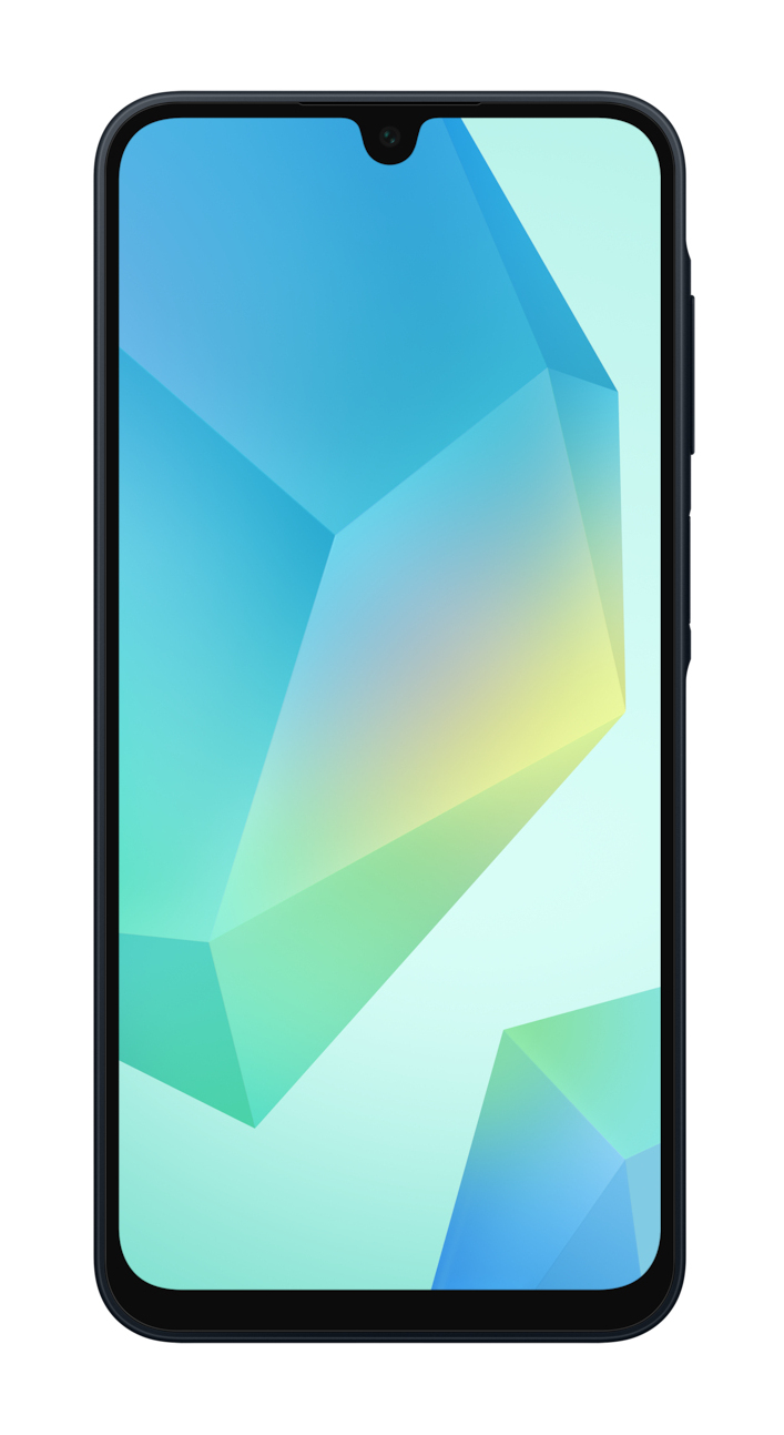 Ciemny smartfon wyświetlający niebiesko-zielono-żółtą geometryczną tapetę.