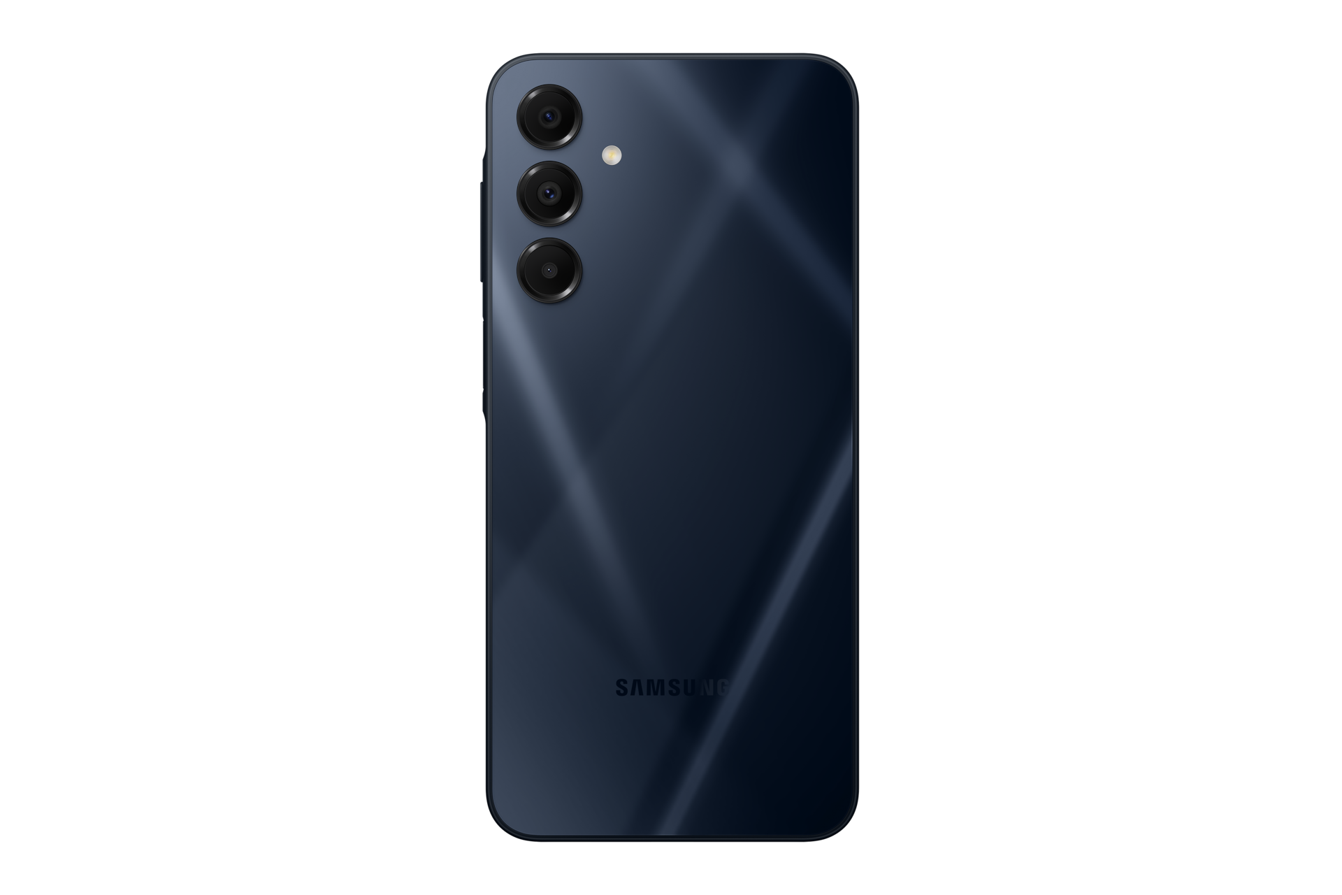 Ciemnoniebieski smartfon Samsung, widok z tyłu z trzema aparatami i logo Samsung.