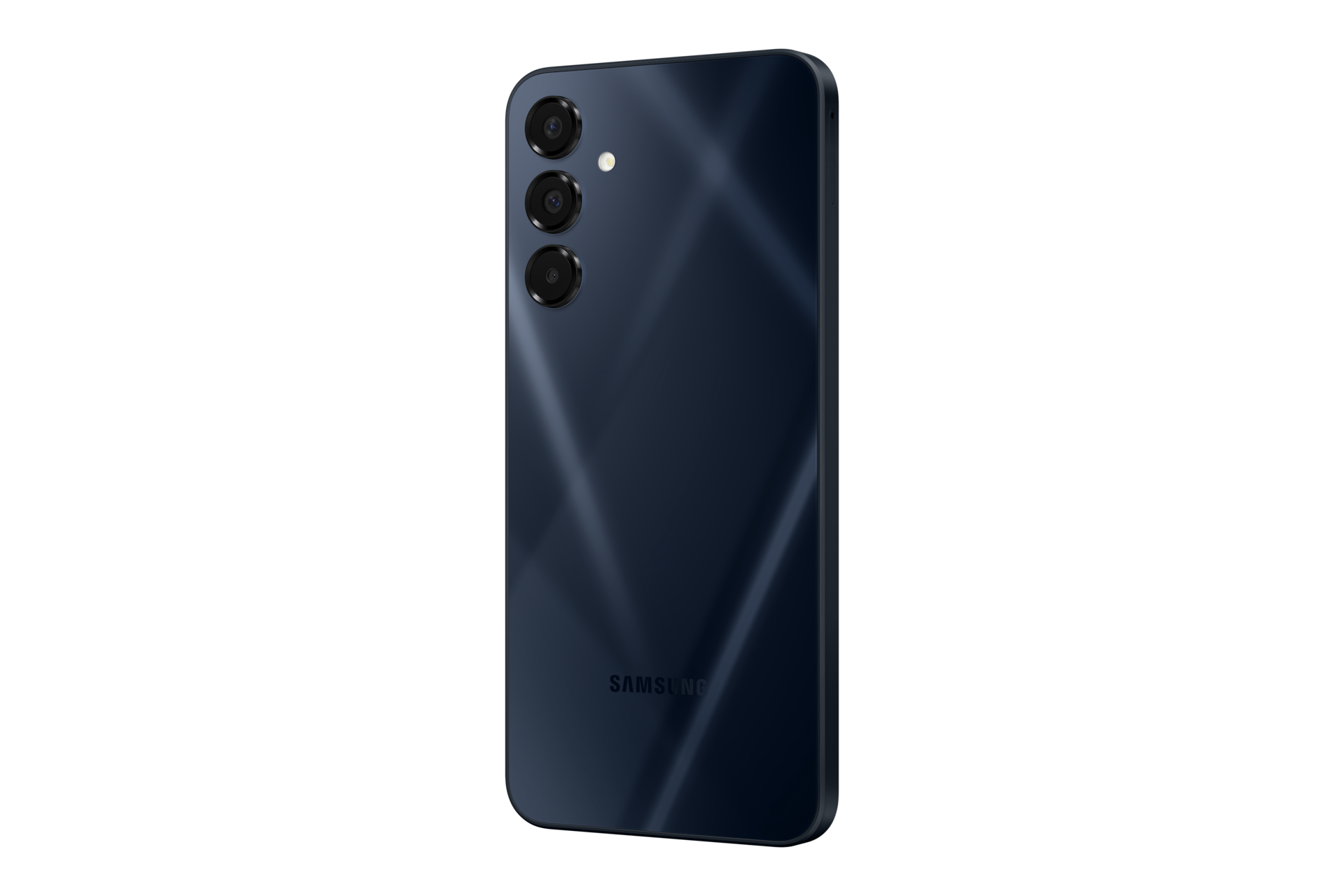 Ciemnoniebieski smartfon Samsung z trzema aparatami na czarnym tle.