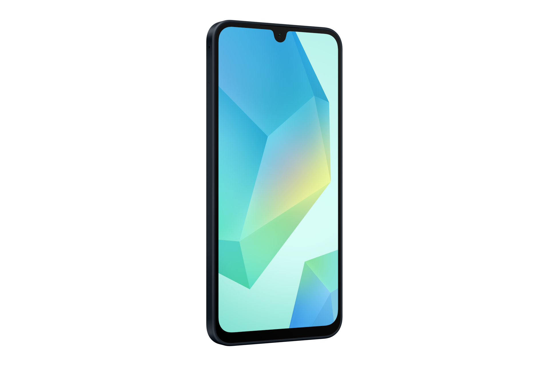 Ciemnoniebieski smartfon z abstrakcyjnym, kolorowym tłem na ekranie.