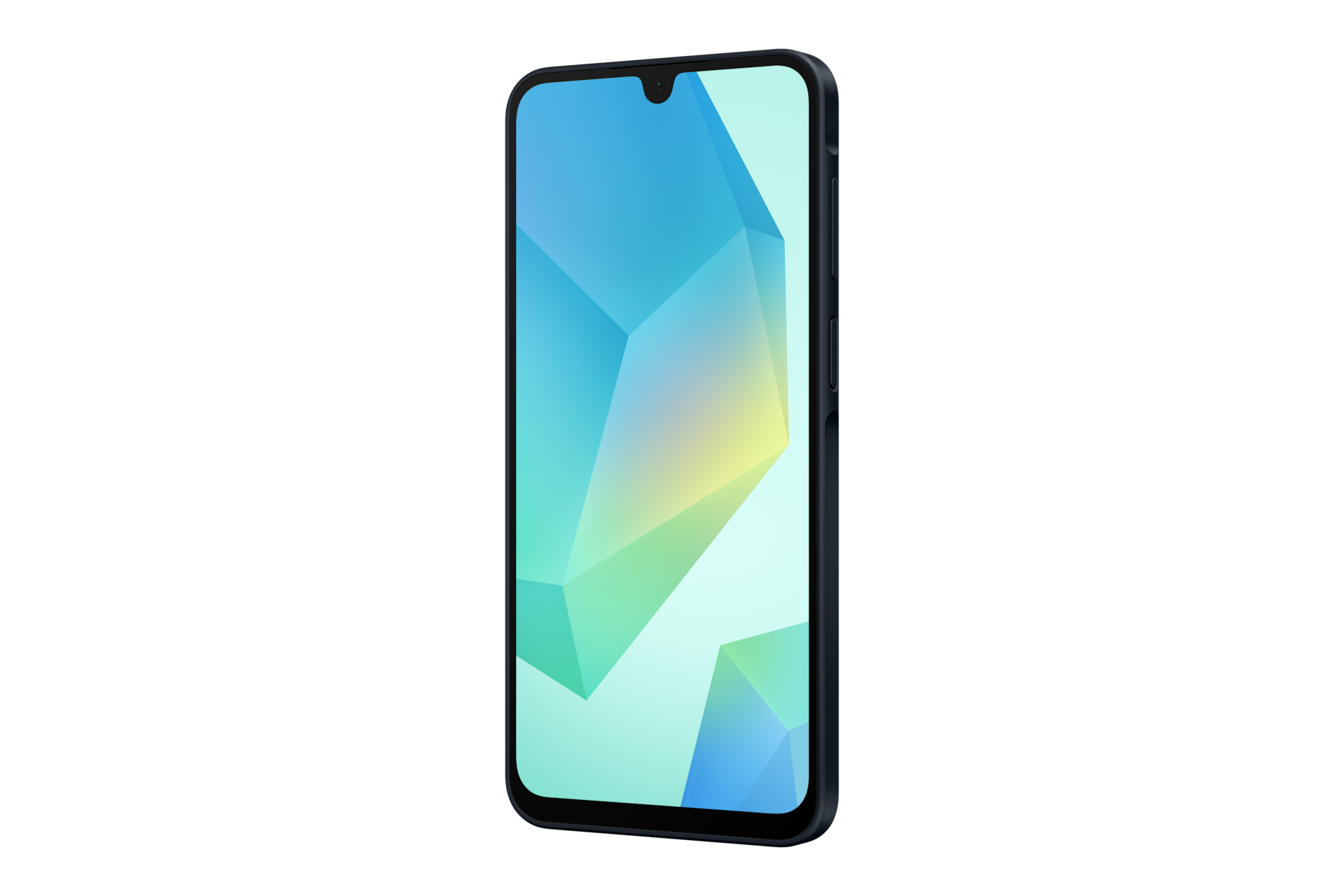 Ciemny smartfon z kolorową, geometryczną tapetą na ekranie.