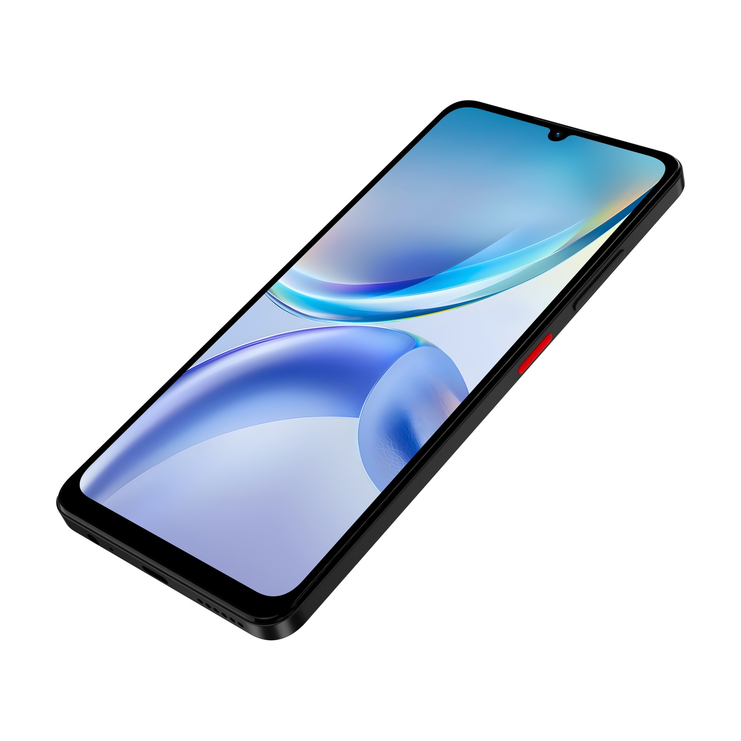 Uno smartphone nero mostra uno sfondo blu e bianco. Isolato su bianco.