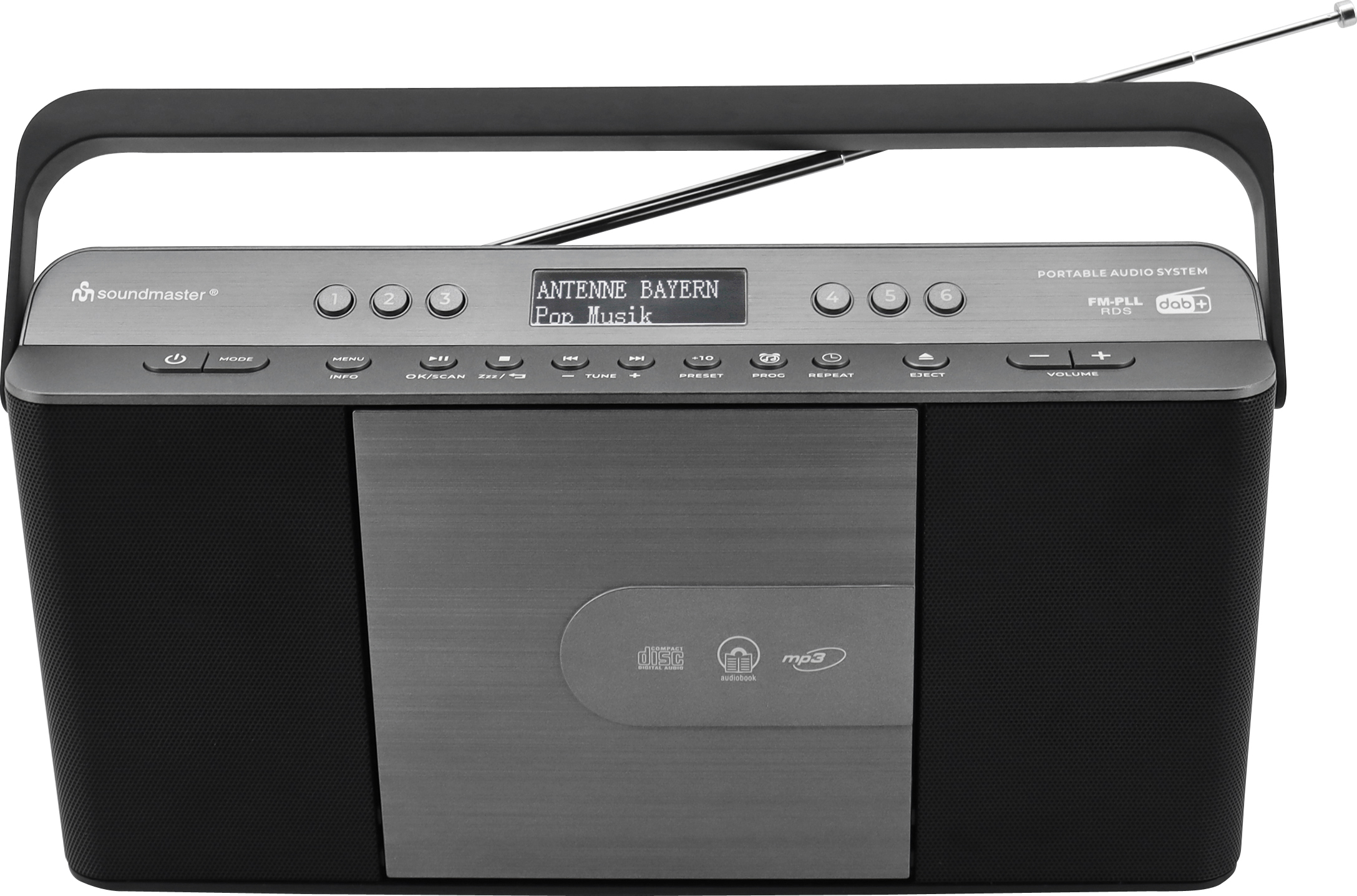 Un système audio portable avec lecteur CD, radio et panneau de commande argenté.