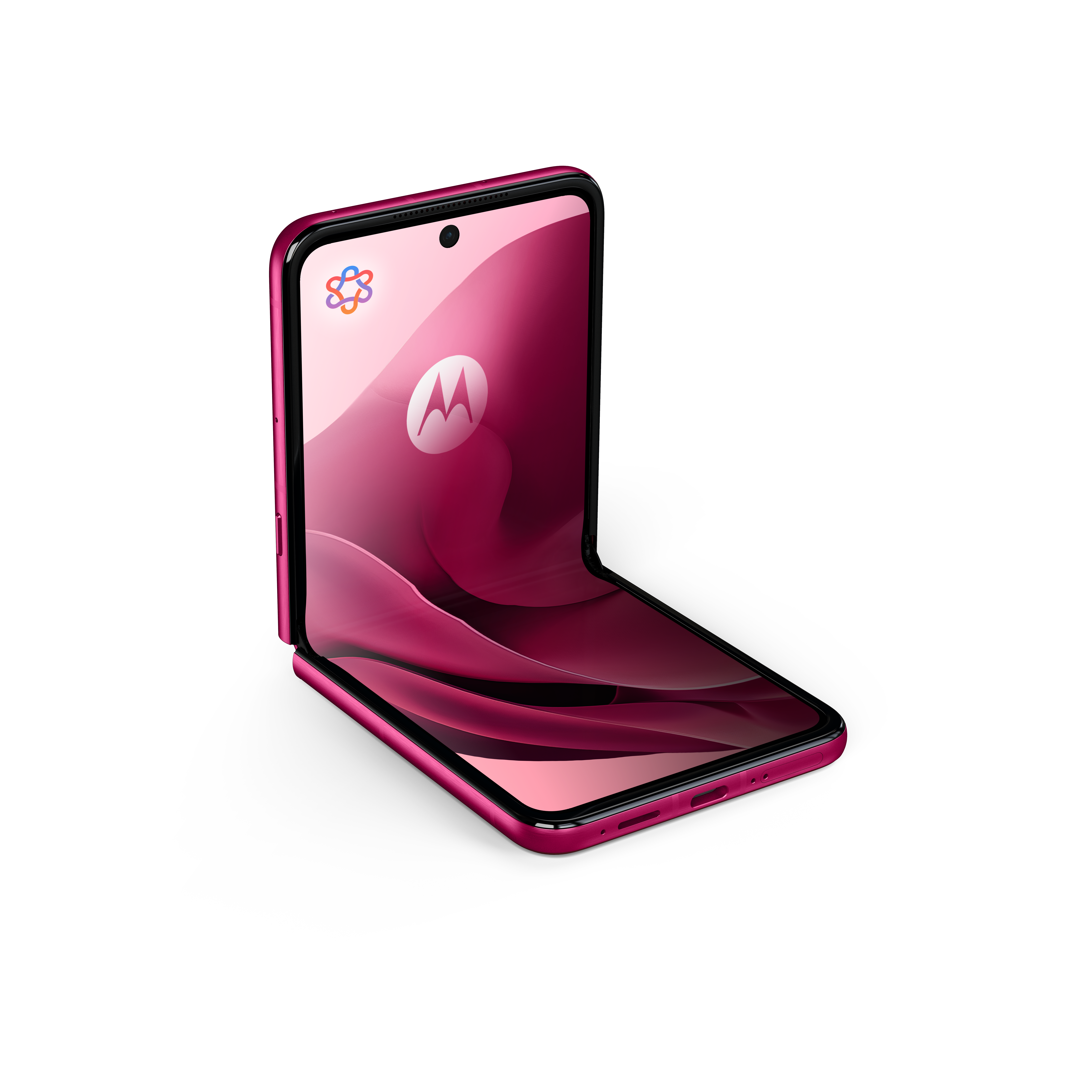 Różowy składany telefon Motorola Razr pokazany jest otwarty, z różową abstrakcyjną tapetą.