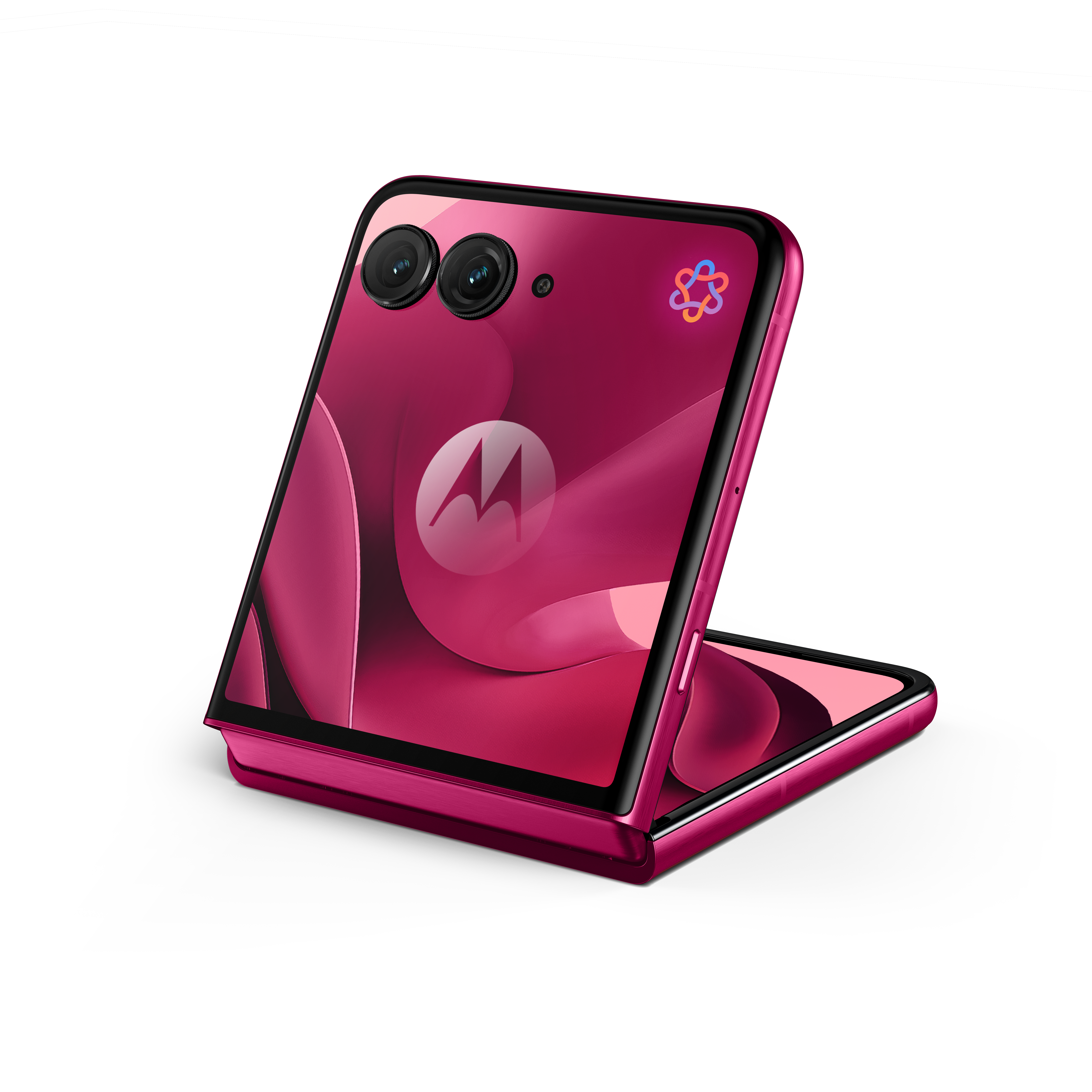 Różowy składany smartfon Motorola, zamknięty, na białym tle.