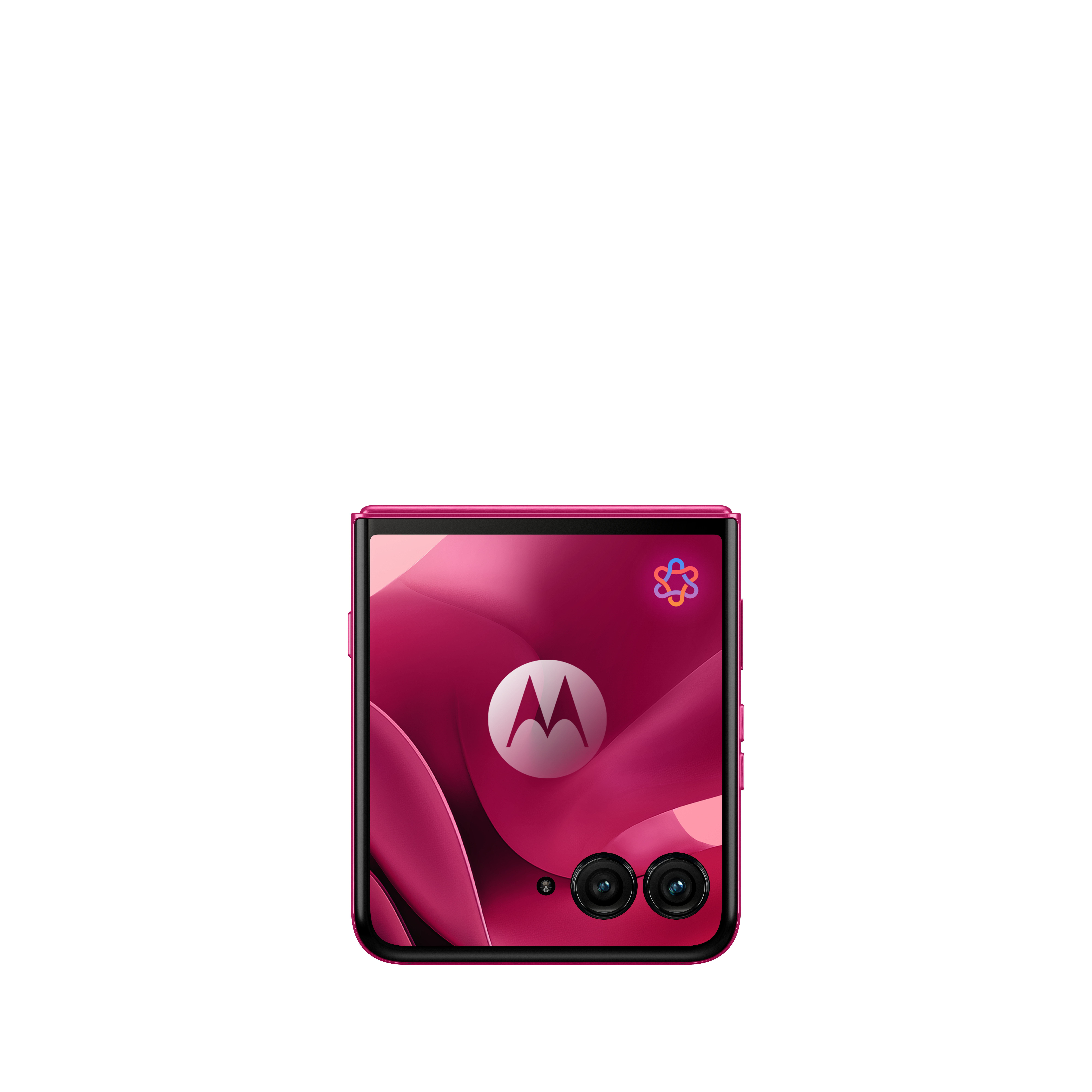 Różowy telefon składany Motorola z logo Motorola na ekranie.