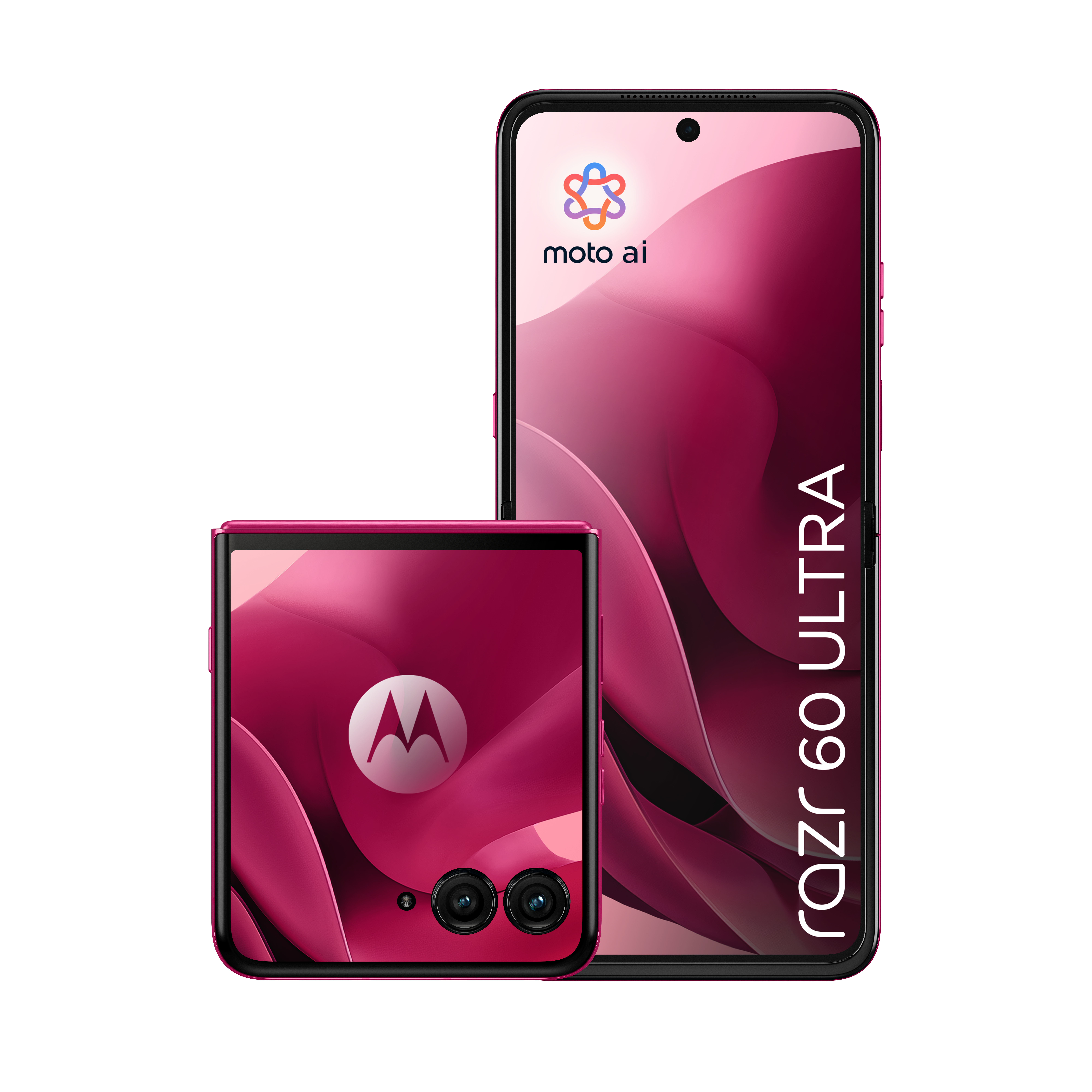 Dwa różowe telefony Motorola Razr, jeden zamknięty, jeden otwarty, na białym tle.