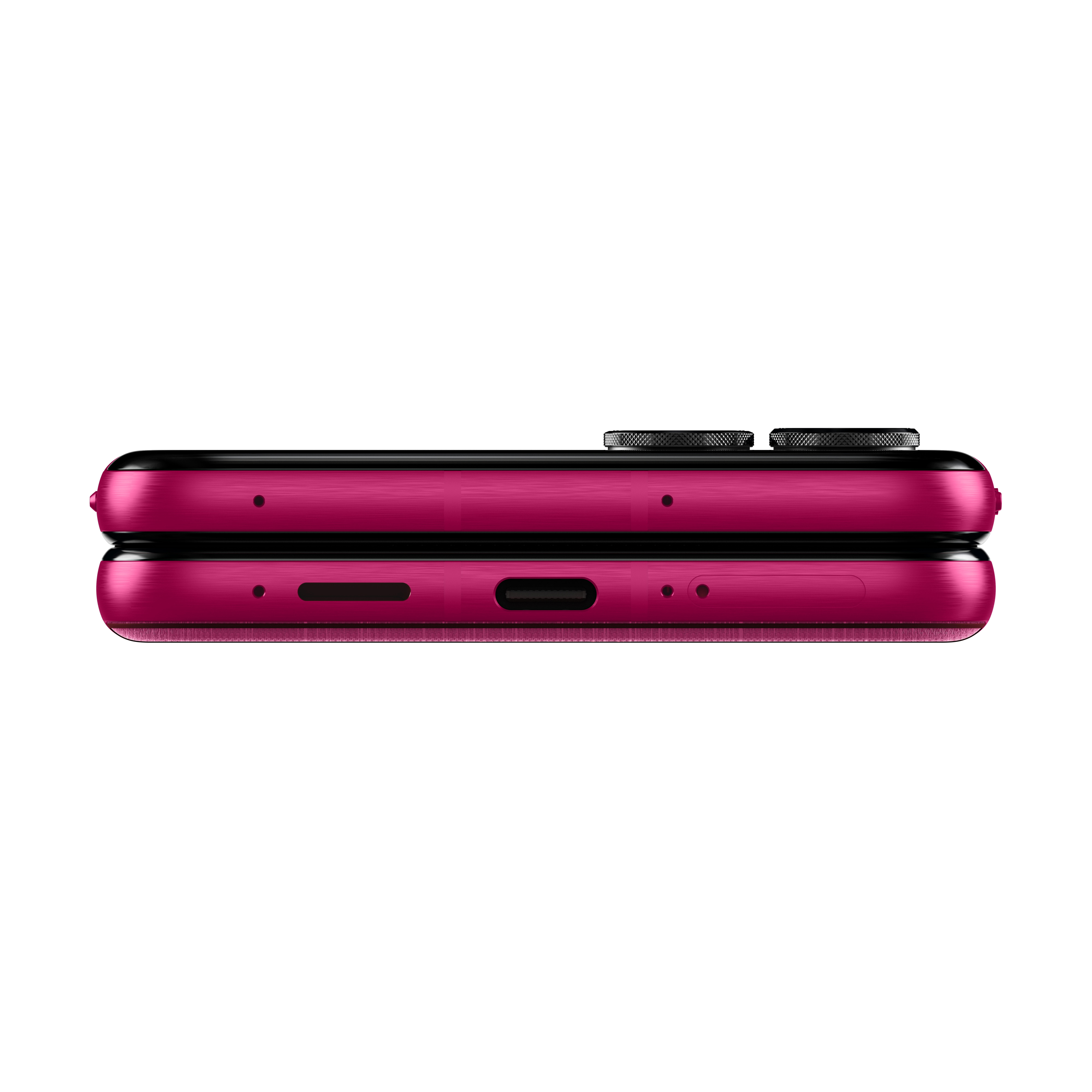 Zbliżenie różowego smartfona z czarnymi akcentami, portem USB-C i maskownicą głośnika.