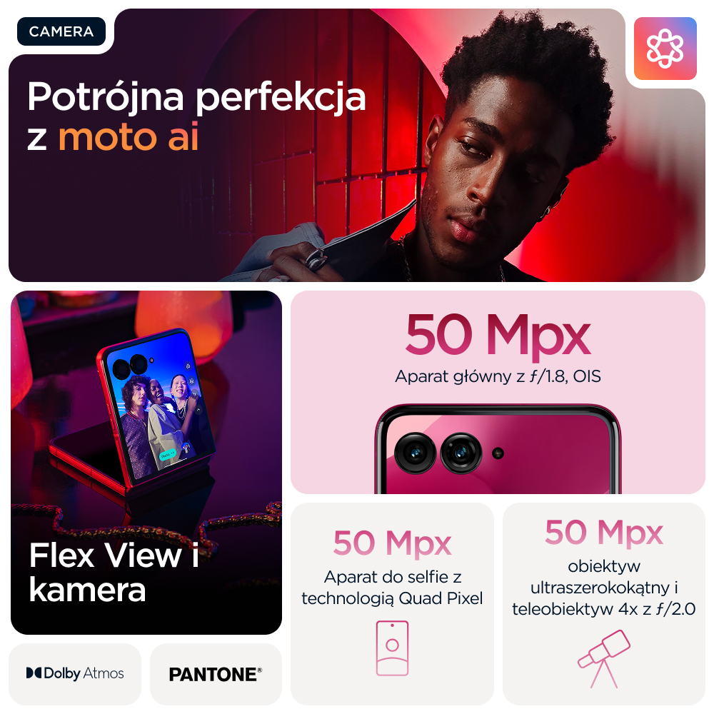 Reklama telefonu Motorola z mężczyzną i detalami aparatu.