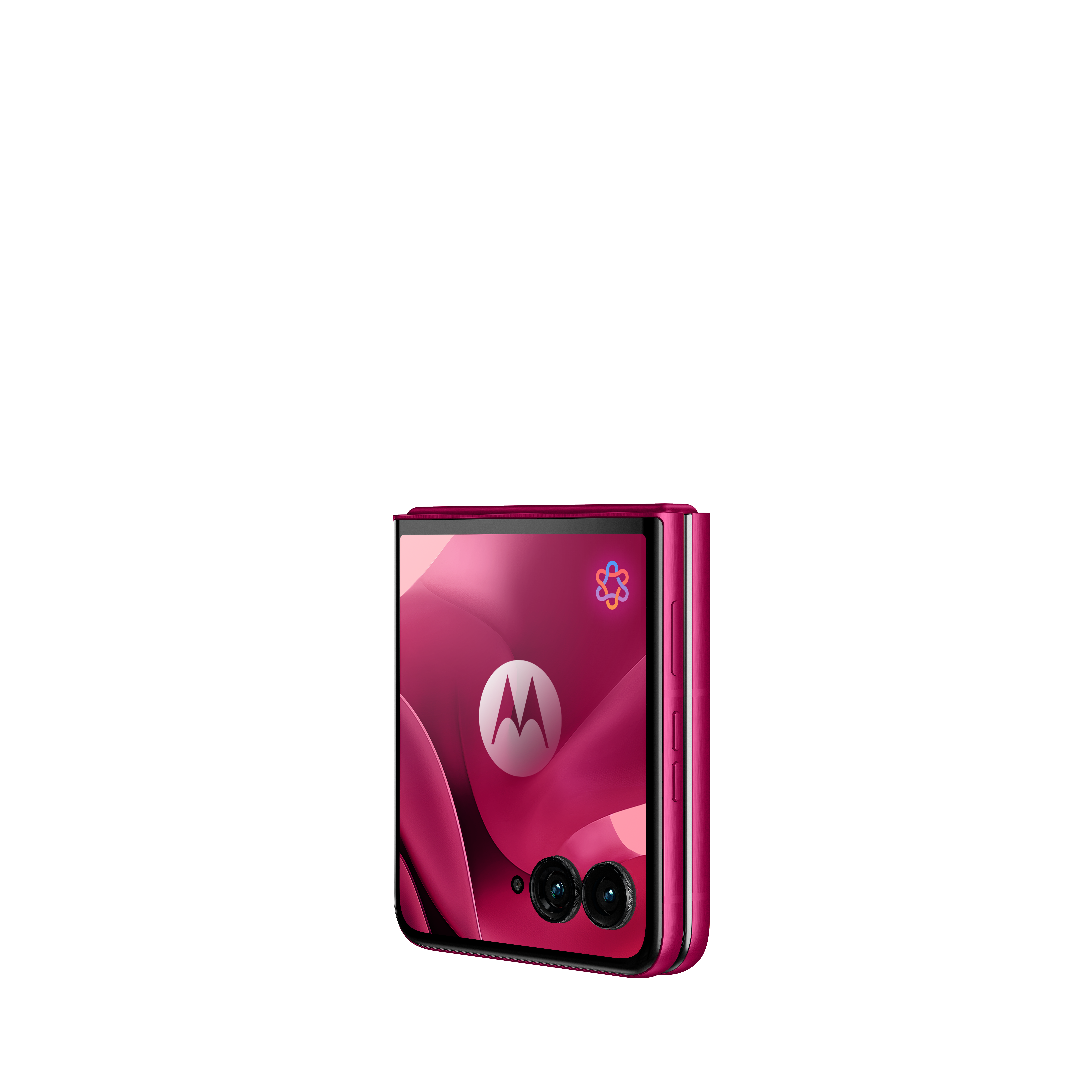 Zamknięty, różowy telefon z klapką, logo Motorola i dwoma aparatami.