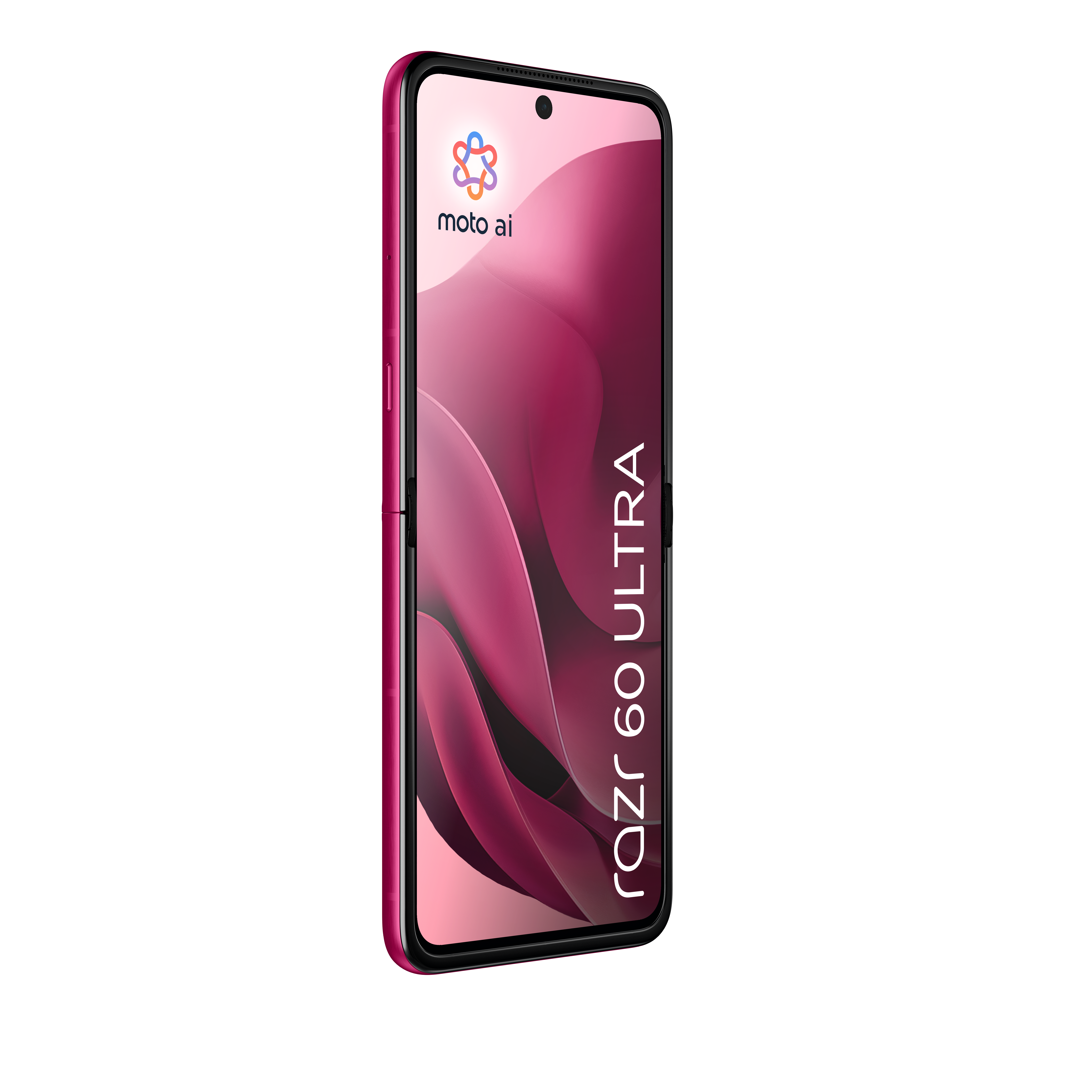 Różowy smartfon Motorola Razr 60 Ultra z abstrakcyjnym tłem na ekranie.