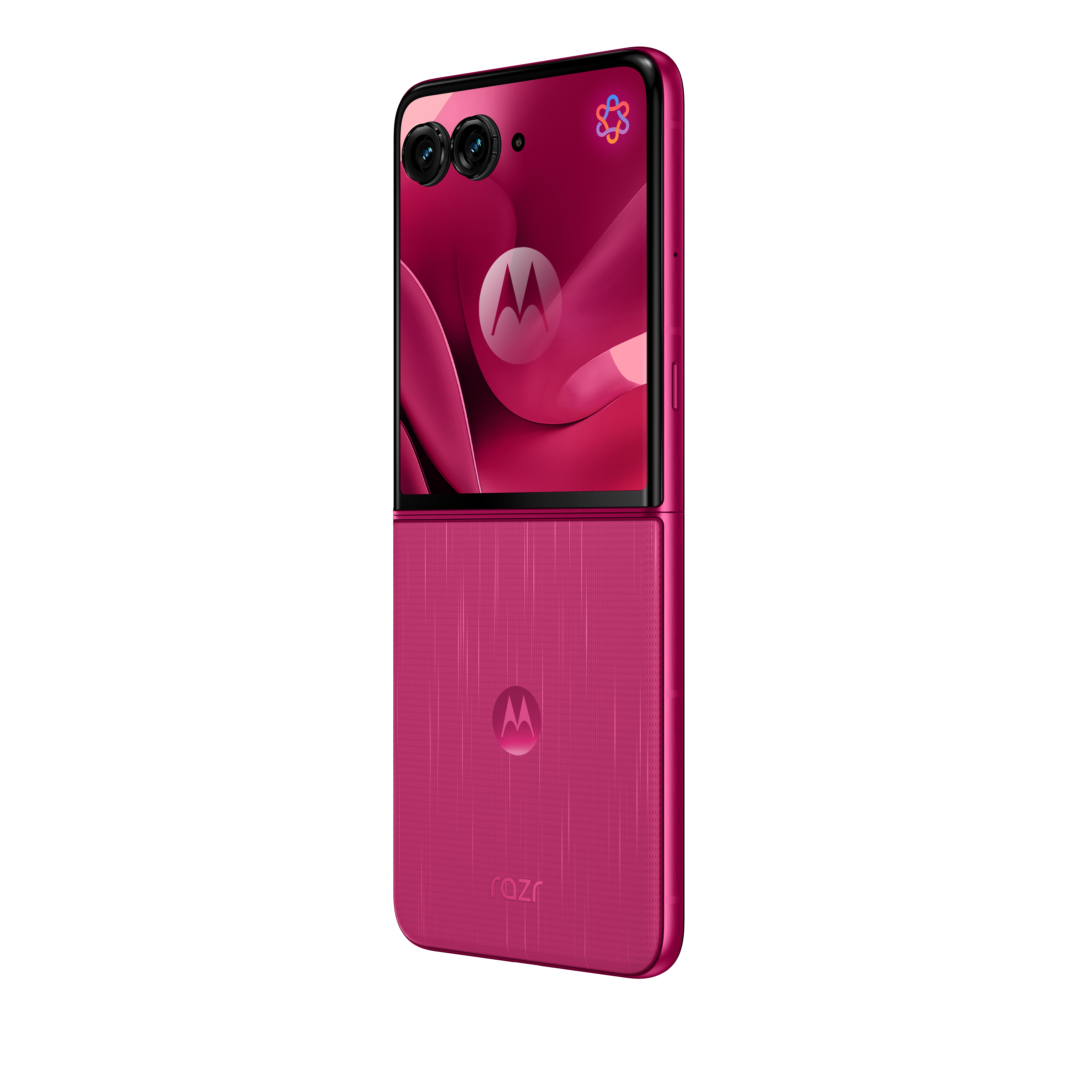 Różowy telefon klapkowy z dwoma aparatami na górze i logo Motoroli.
