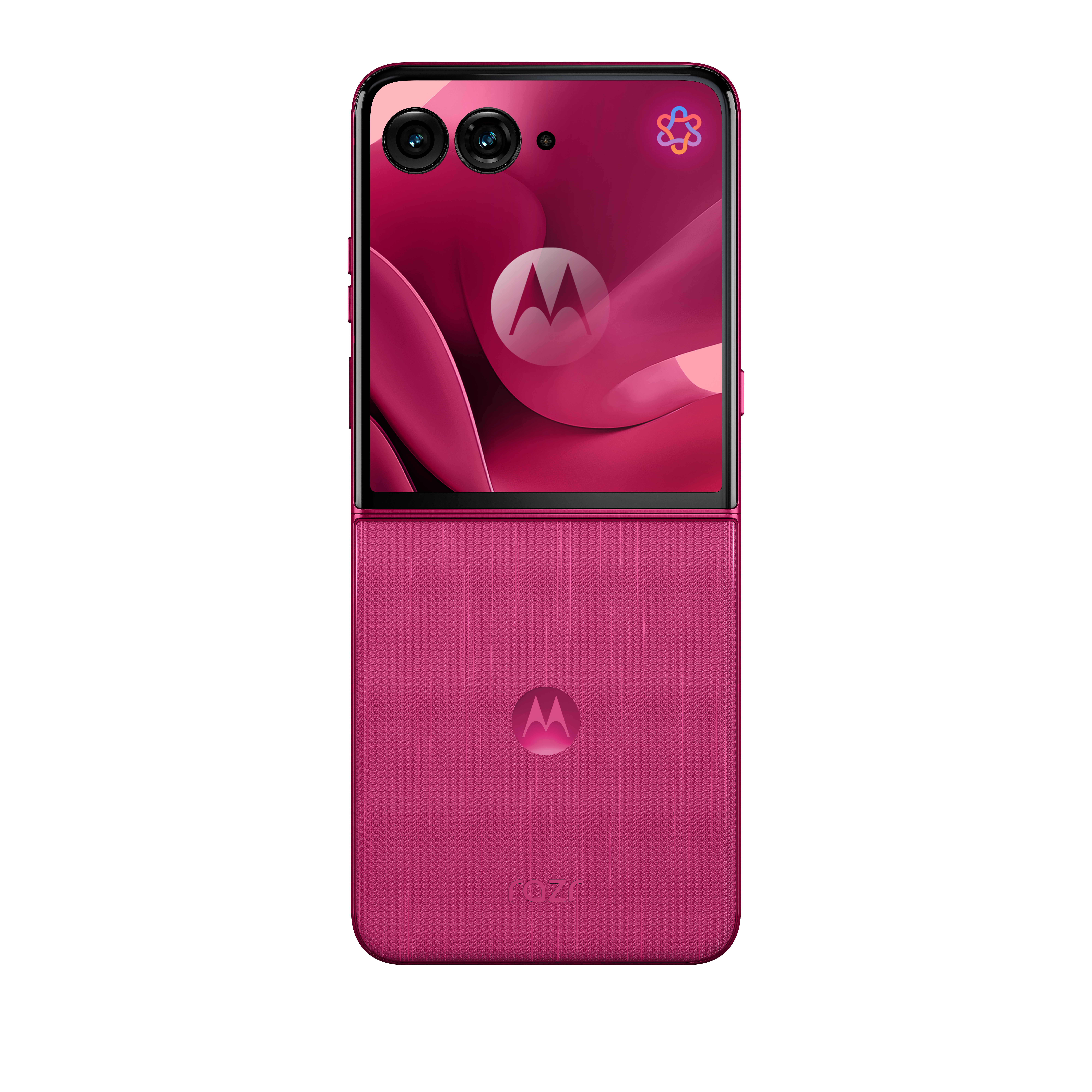 Różowy telefon składany Motorola Razr z dwoma aparatami u góry i logo Motorola.