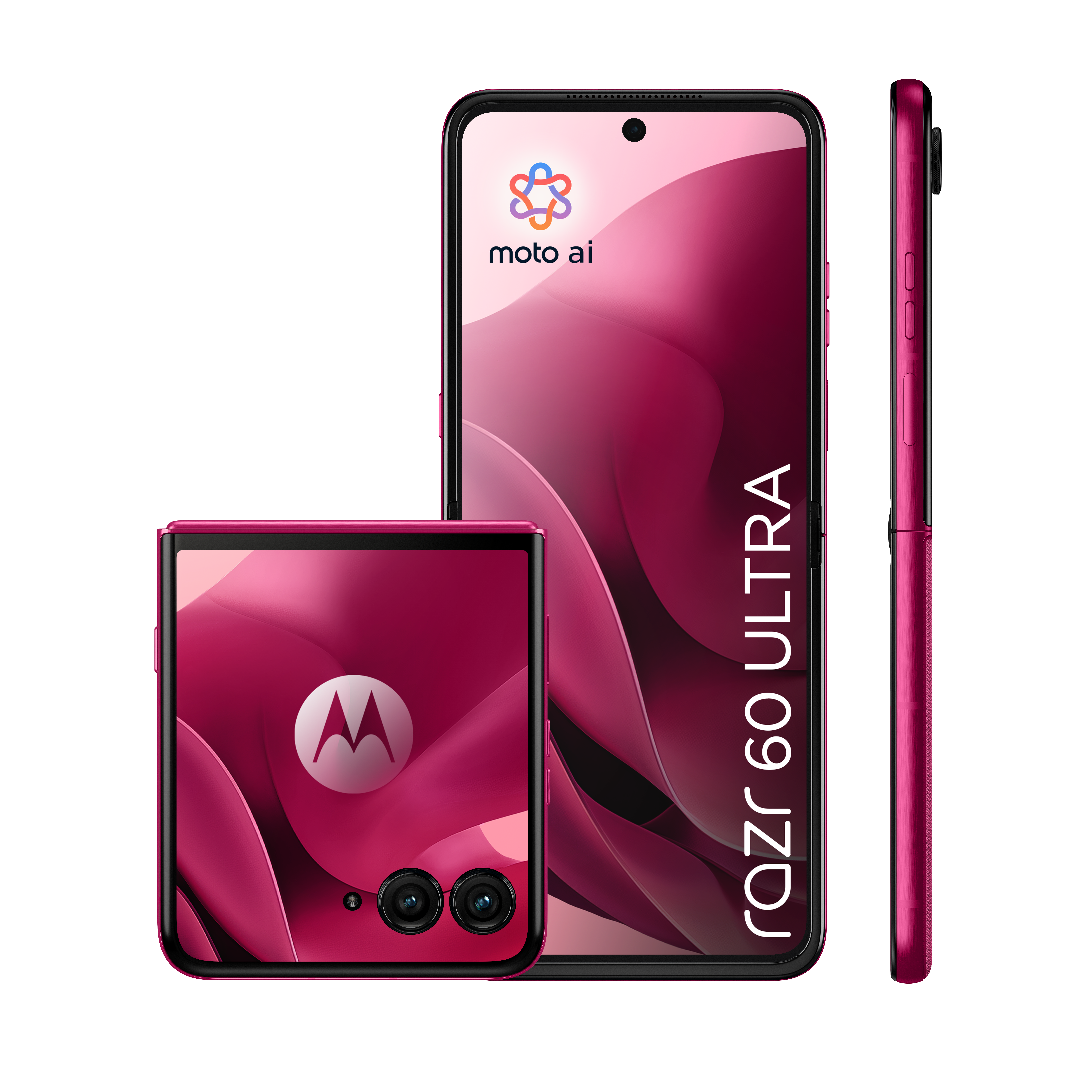 Trzy widoki czerwonego smartfona typu flip Motorola Razr 60 Ultra na białym tle.