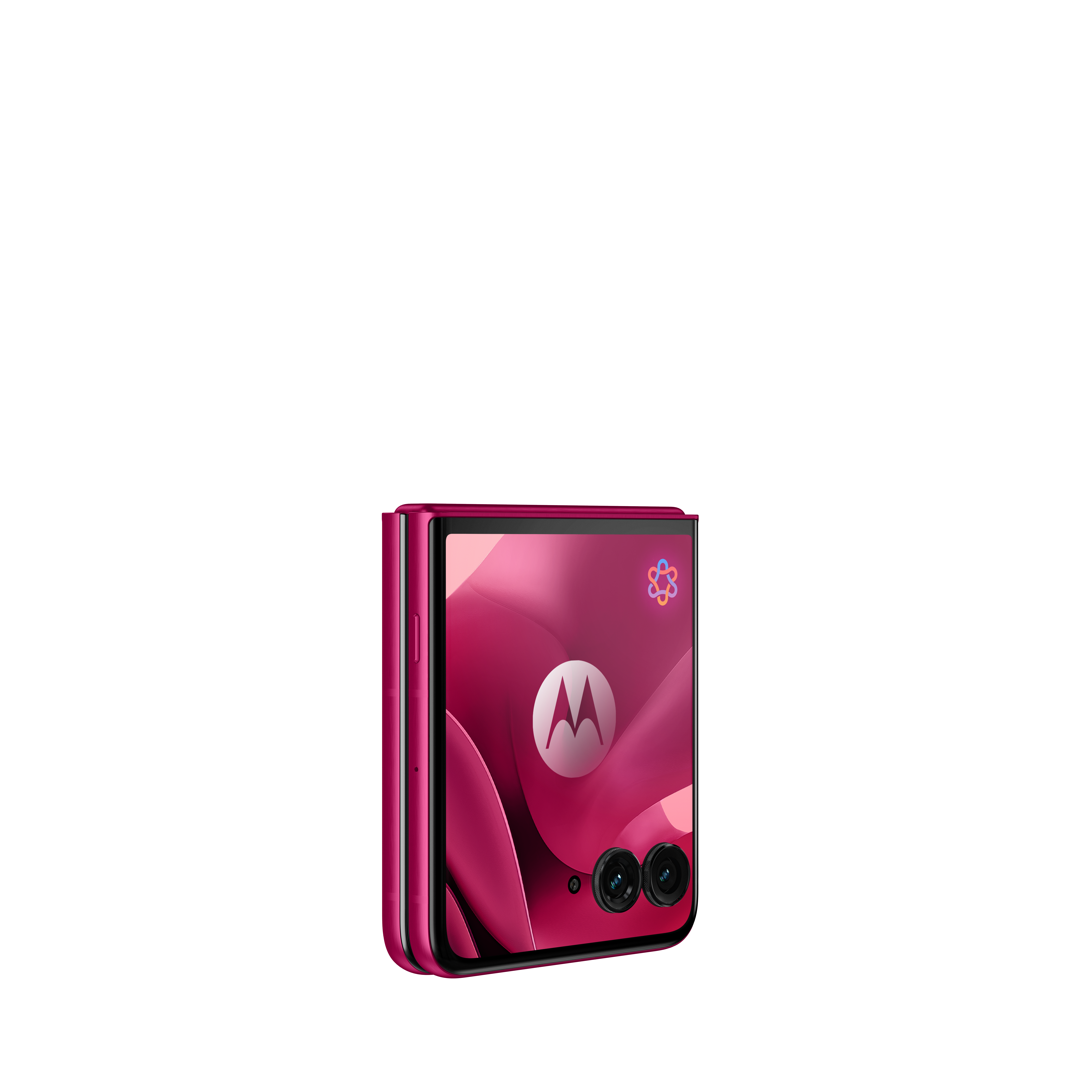Zamknięty, różowy telefon Motorola Razr z dwoma aparatami z tyłu.