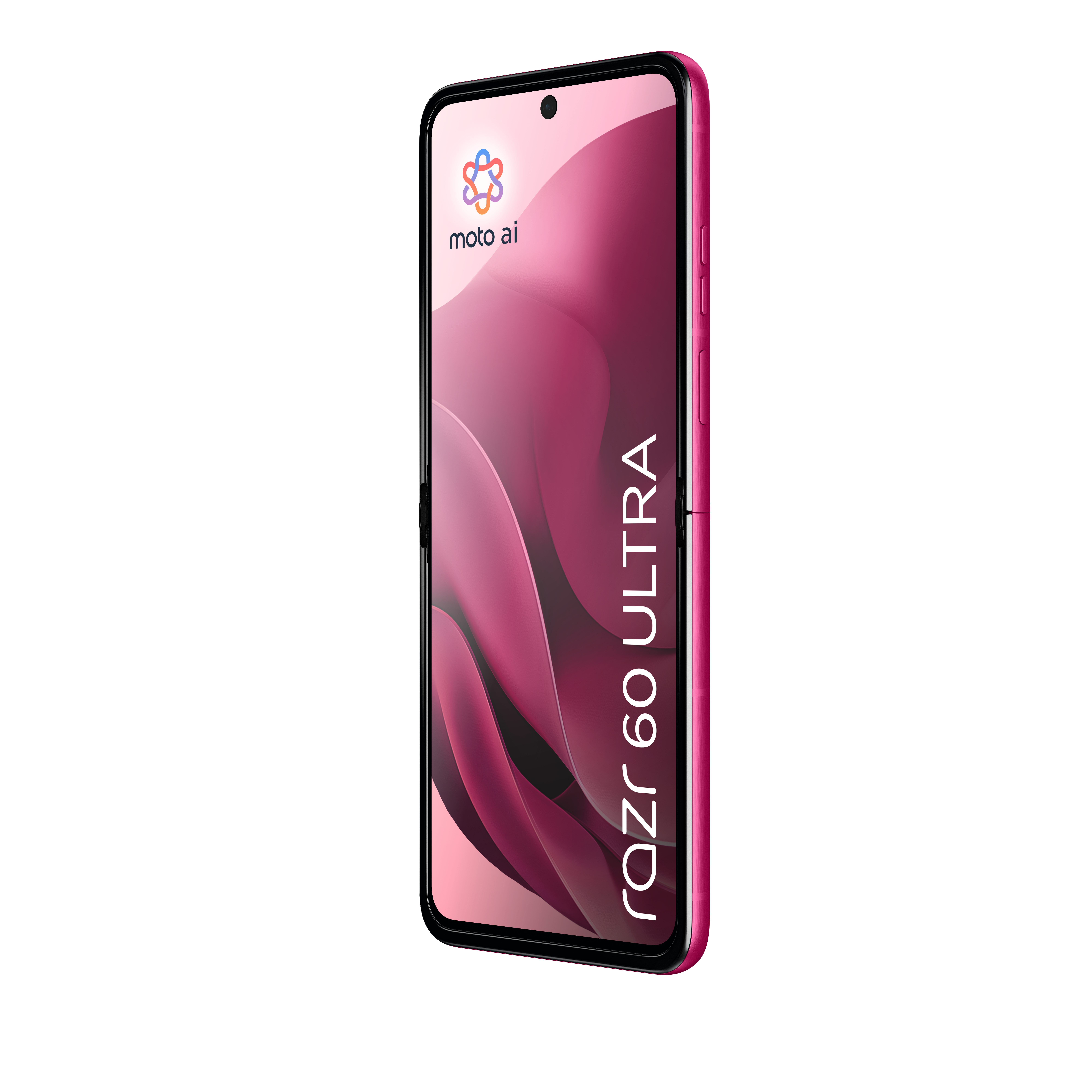 Różowy smartfon Motorola Razr 60 Ultra, widok z boku pod kątem, z logo.