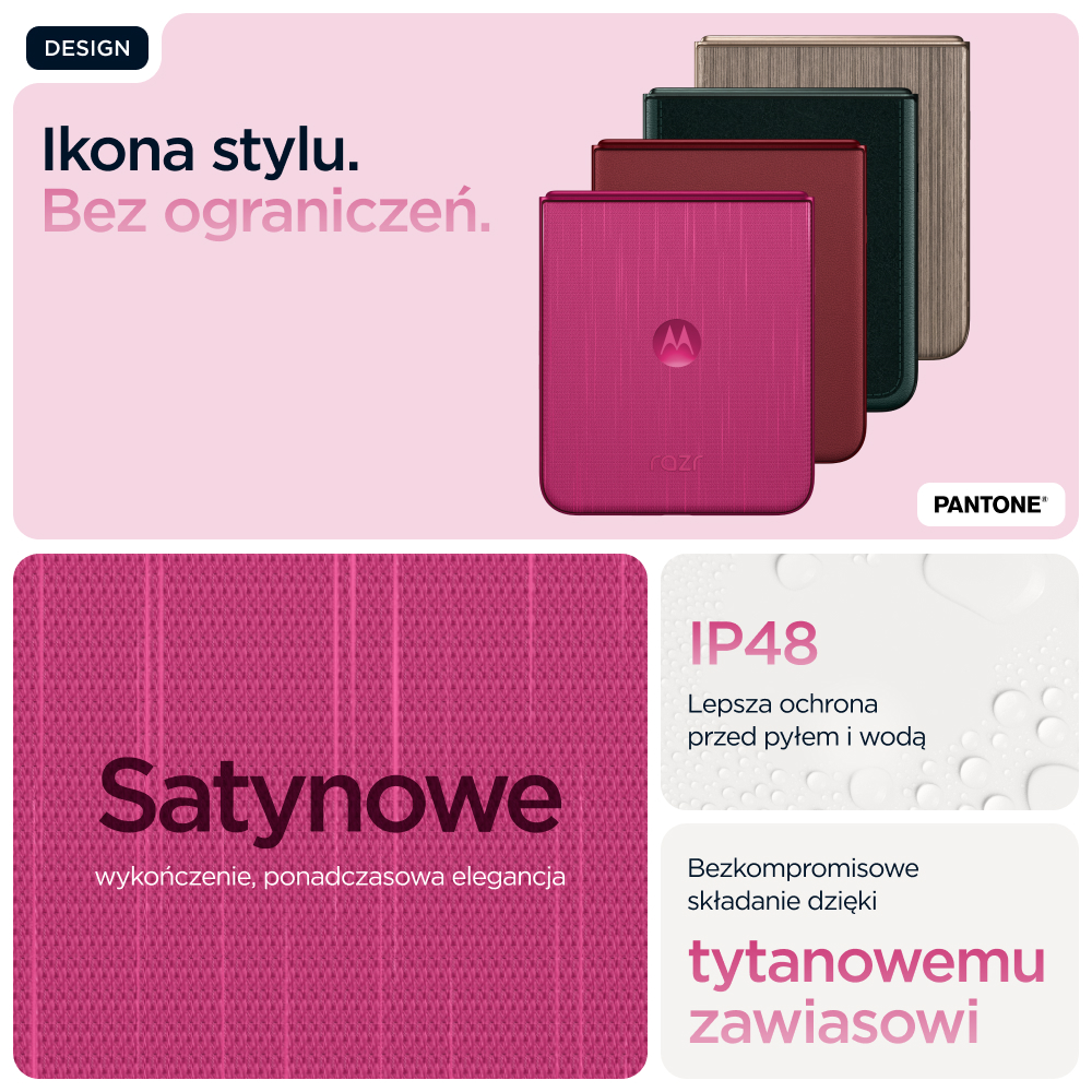 Cztery telefony Motorola Razr w kolorach: różowy, czerwony, zielony i złoty. Różowy telefon z przodu.
