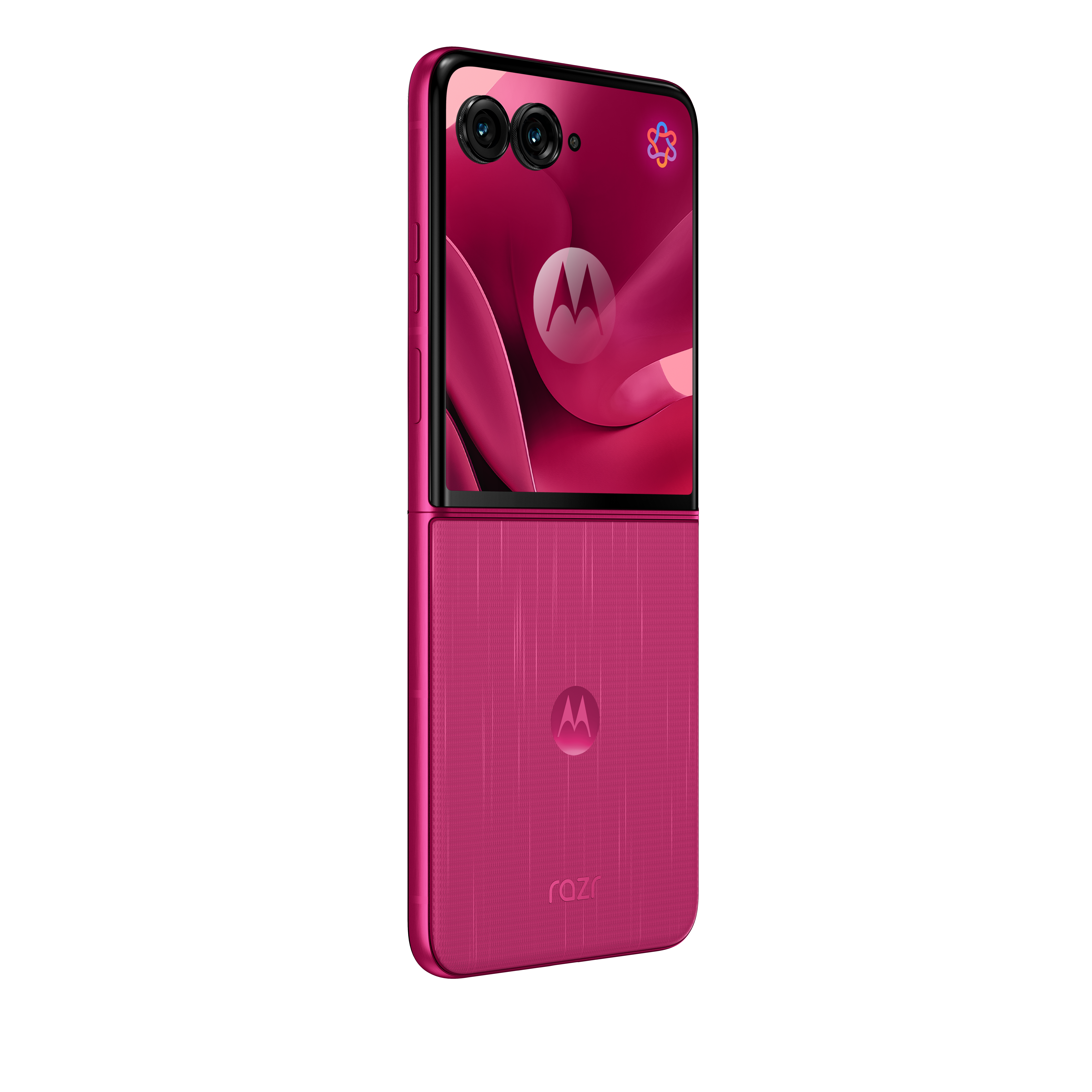 Rozłożony, różowy smartfon Motorola Razr z dwoma aparatami.