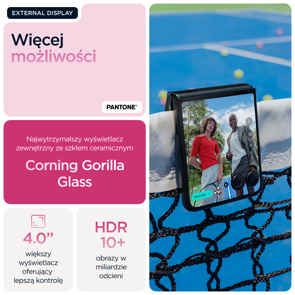Smartfon z zewnętrznym wyświetlaczem pokazuje dwie osoby na korcie tenisowym. Informacje o Corning Gorilla Glass.