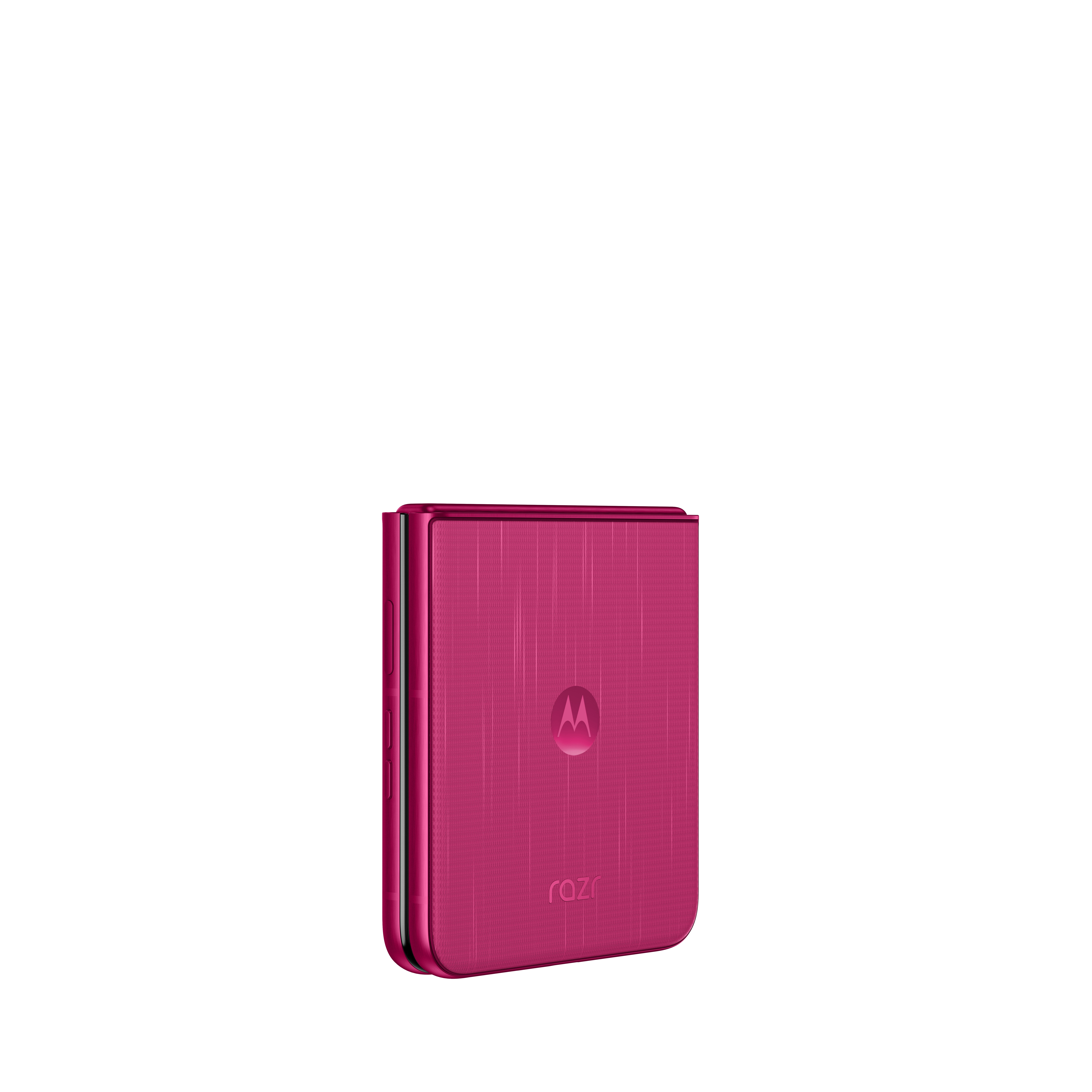 Zamknięty, różowy telefon Motorola Razr typu flip z teksturą i logo.