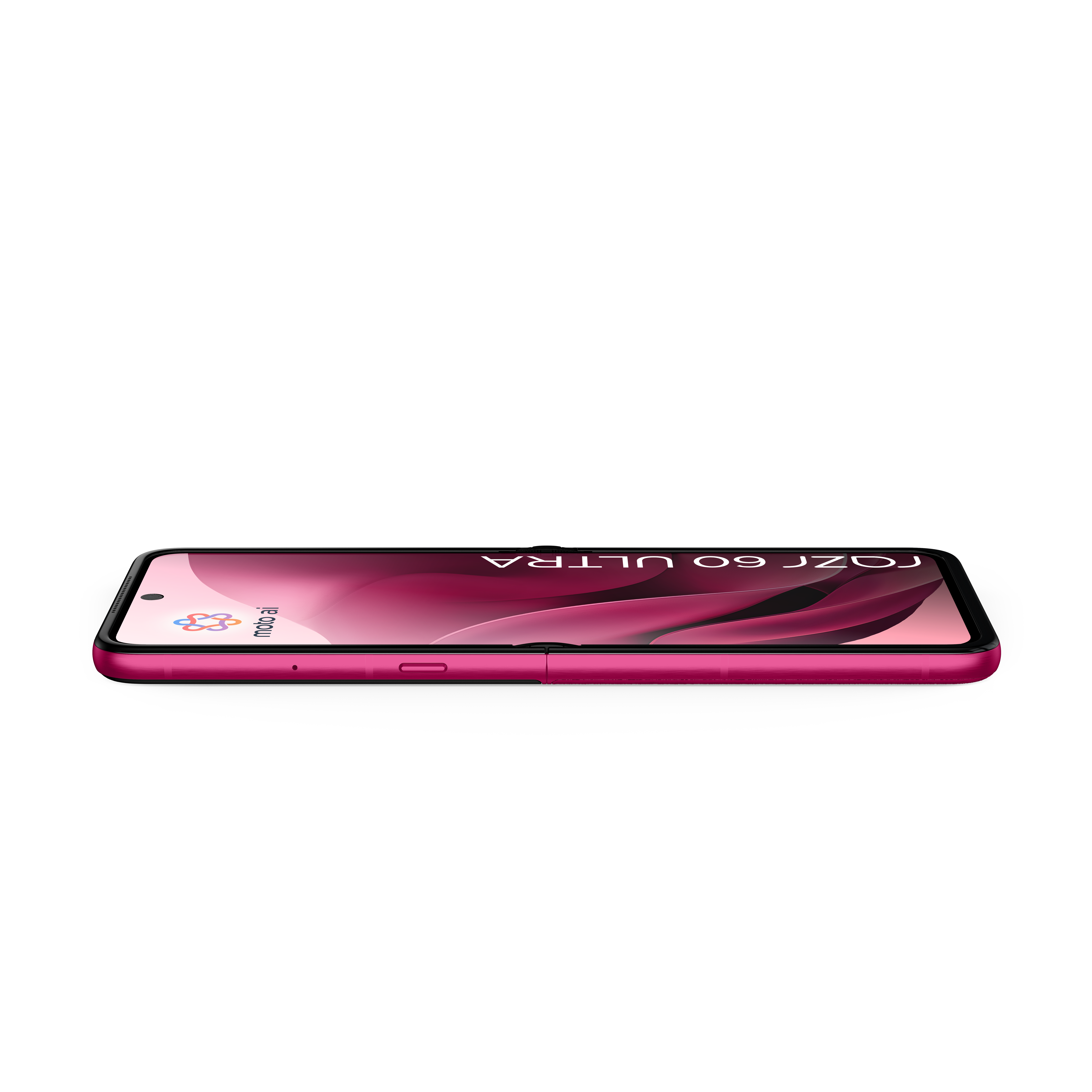Różowy smartfon Motorola Razr 60 Ultra leży na czarnym tle.