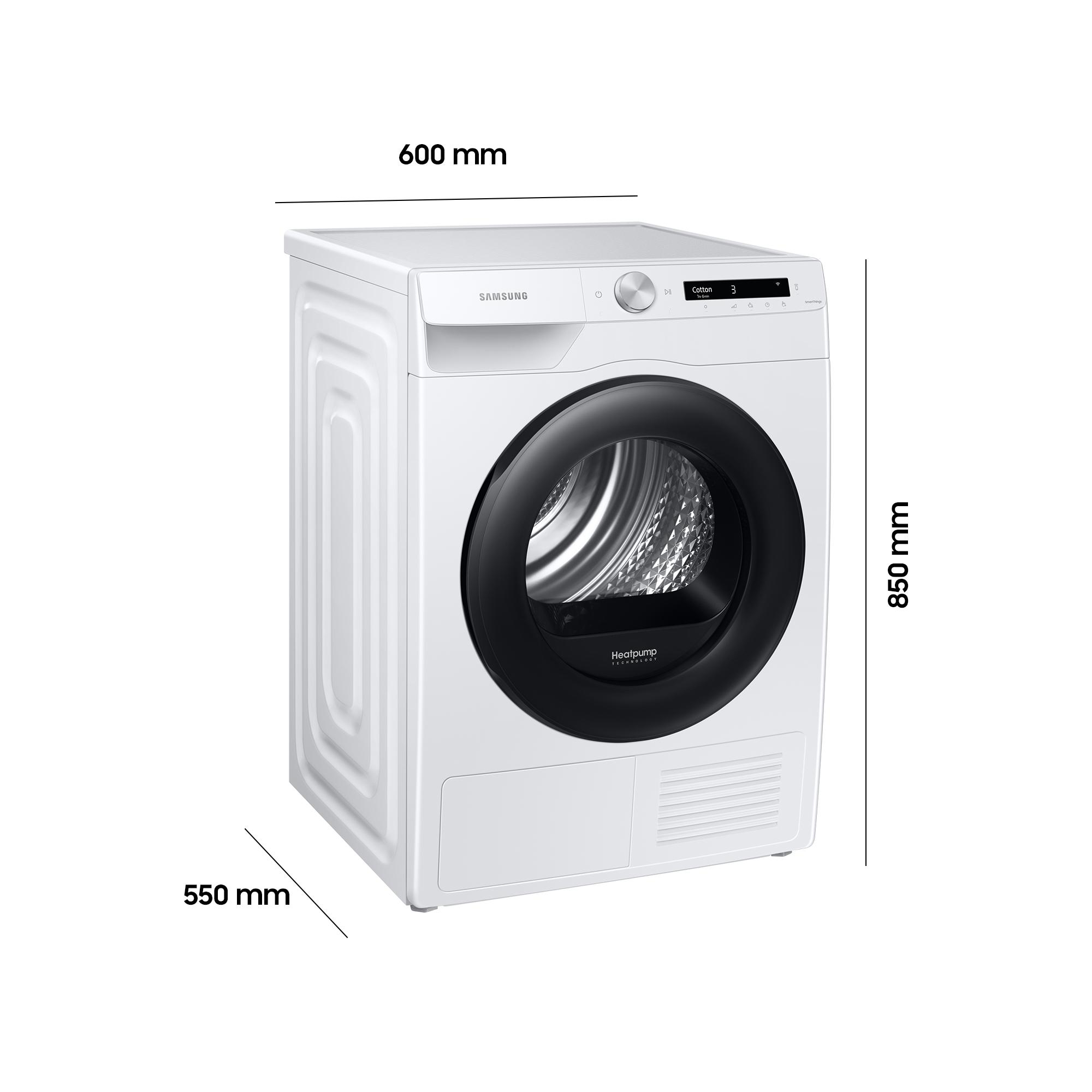 Eine weiße Samsung Wärmepumpentrockner-Maschine mit digitalen Bedienelementen.