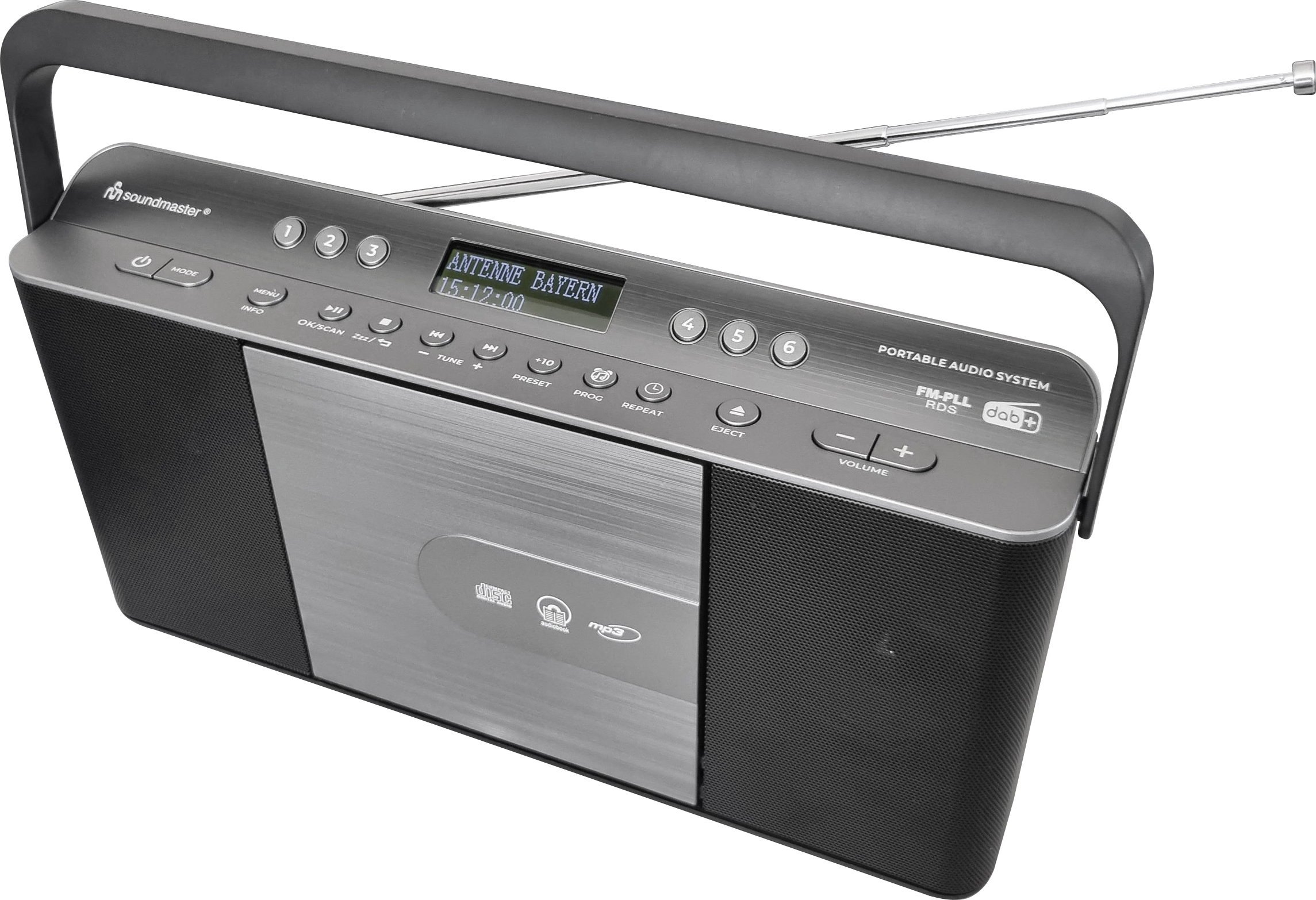 Une radio DAB+ portable grise avec fente CD et antenne extensible.