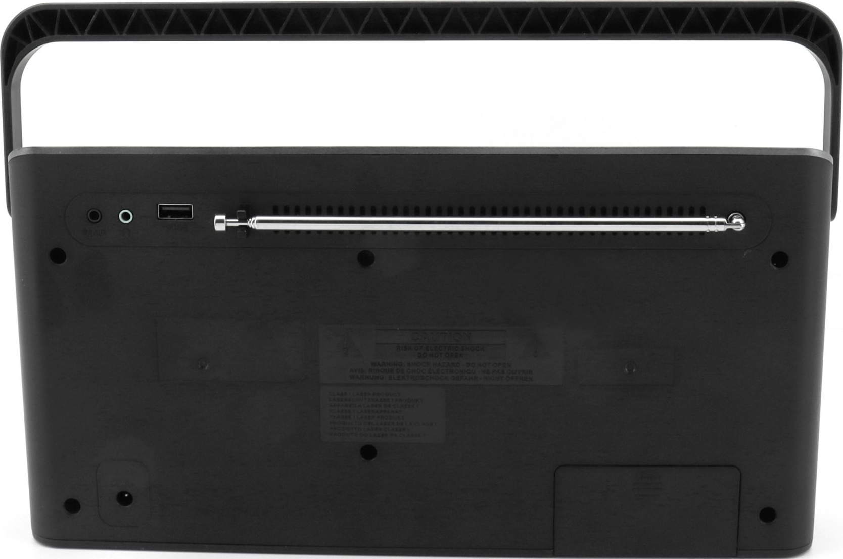 Arrière d'une radio noire avec antenne rétractable et ports.