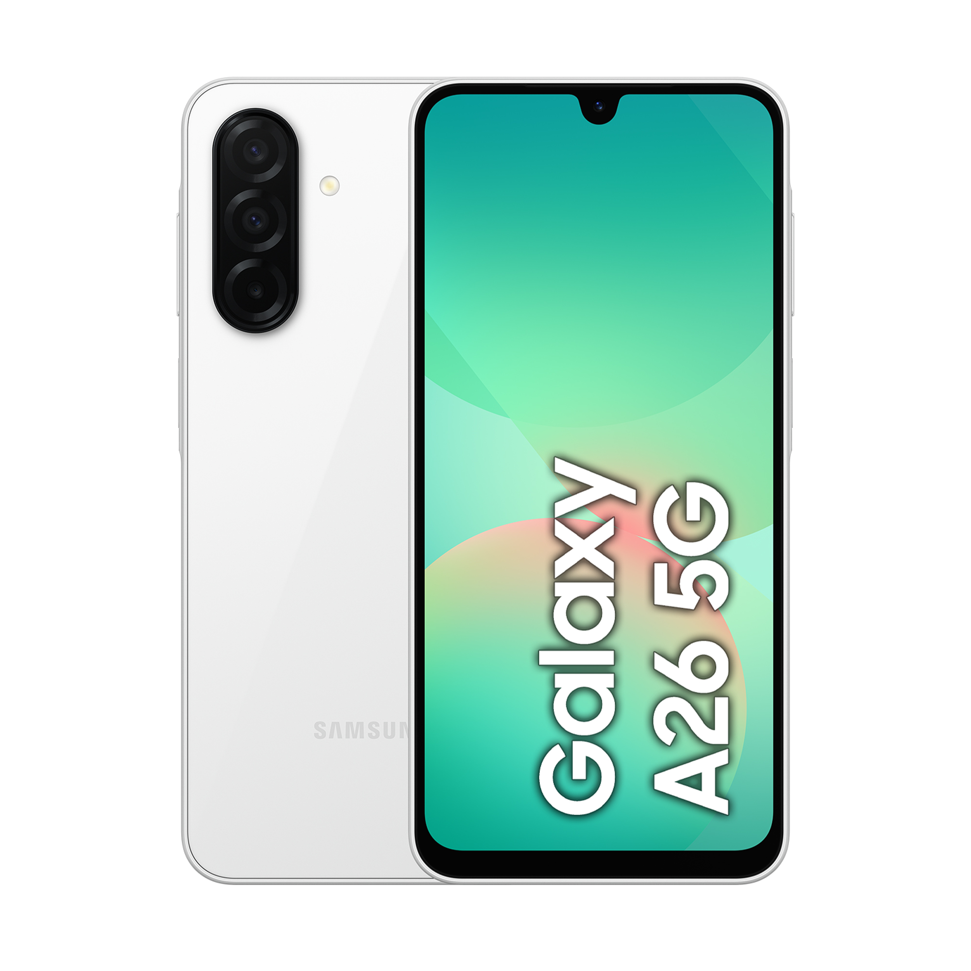 Biały smartfon Samsung Galaxy A26 5G z trzema aparatami z tyłu.