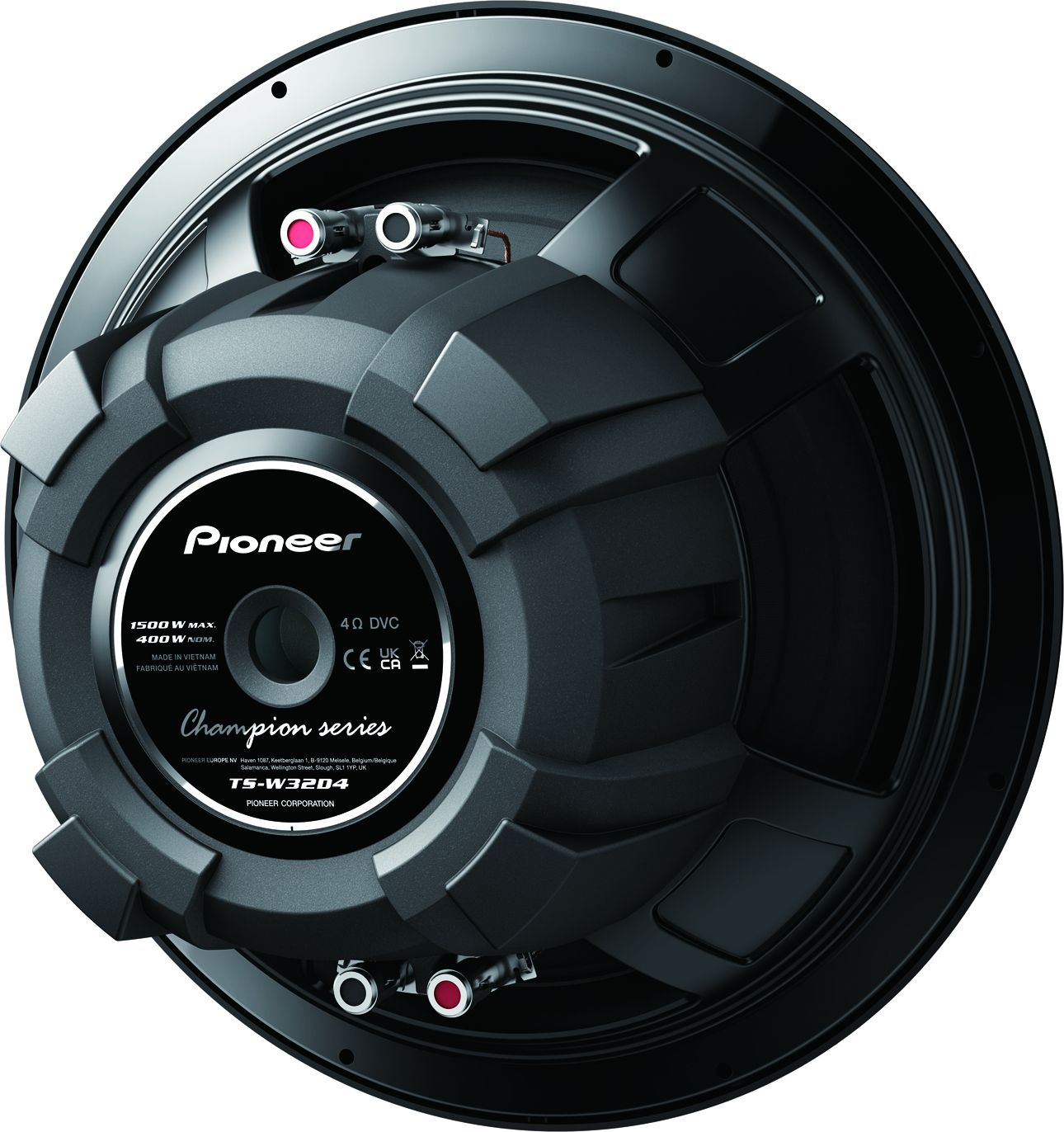 Subwoofer Pioneer série Champion TS-W3204 noir avec bornes rouge et argent.