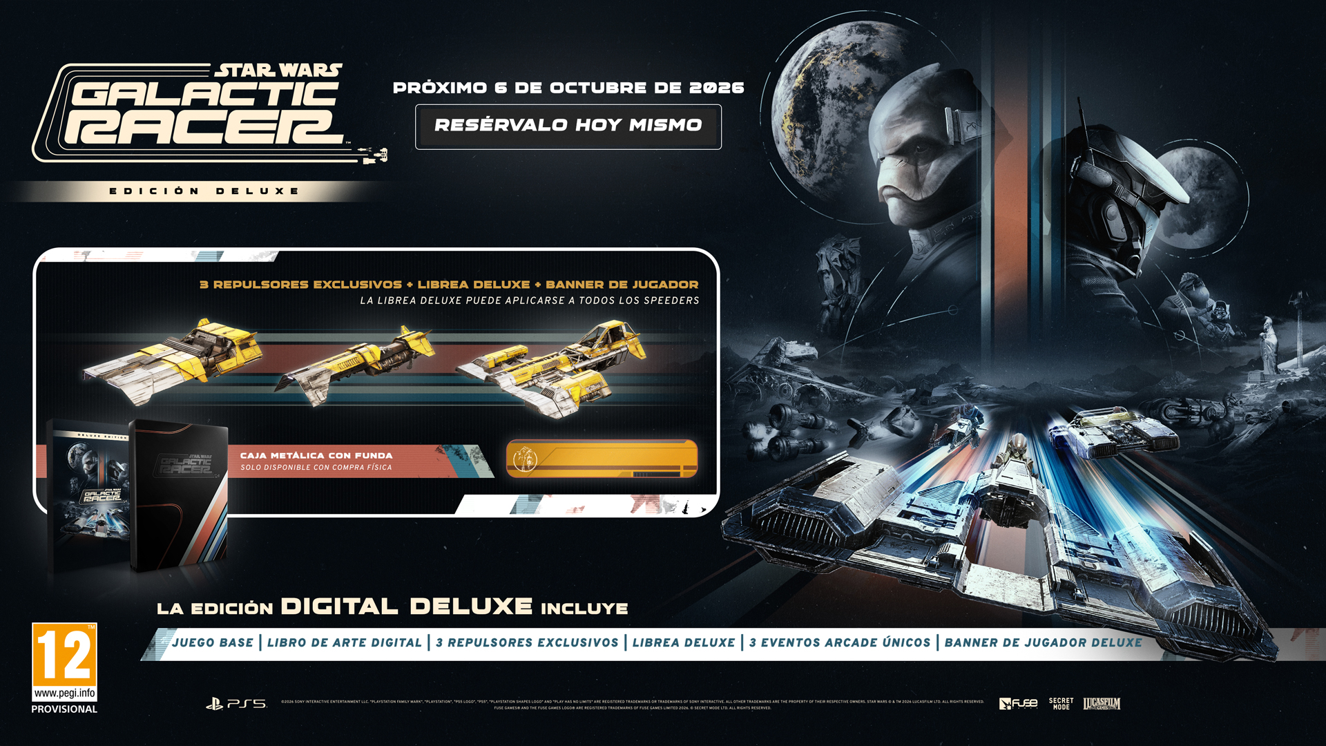 Portada de Star Wars: Galactic Racer Edición Deluxe con vehículos y personajes.