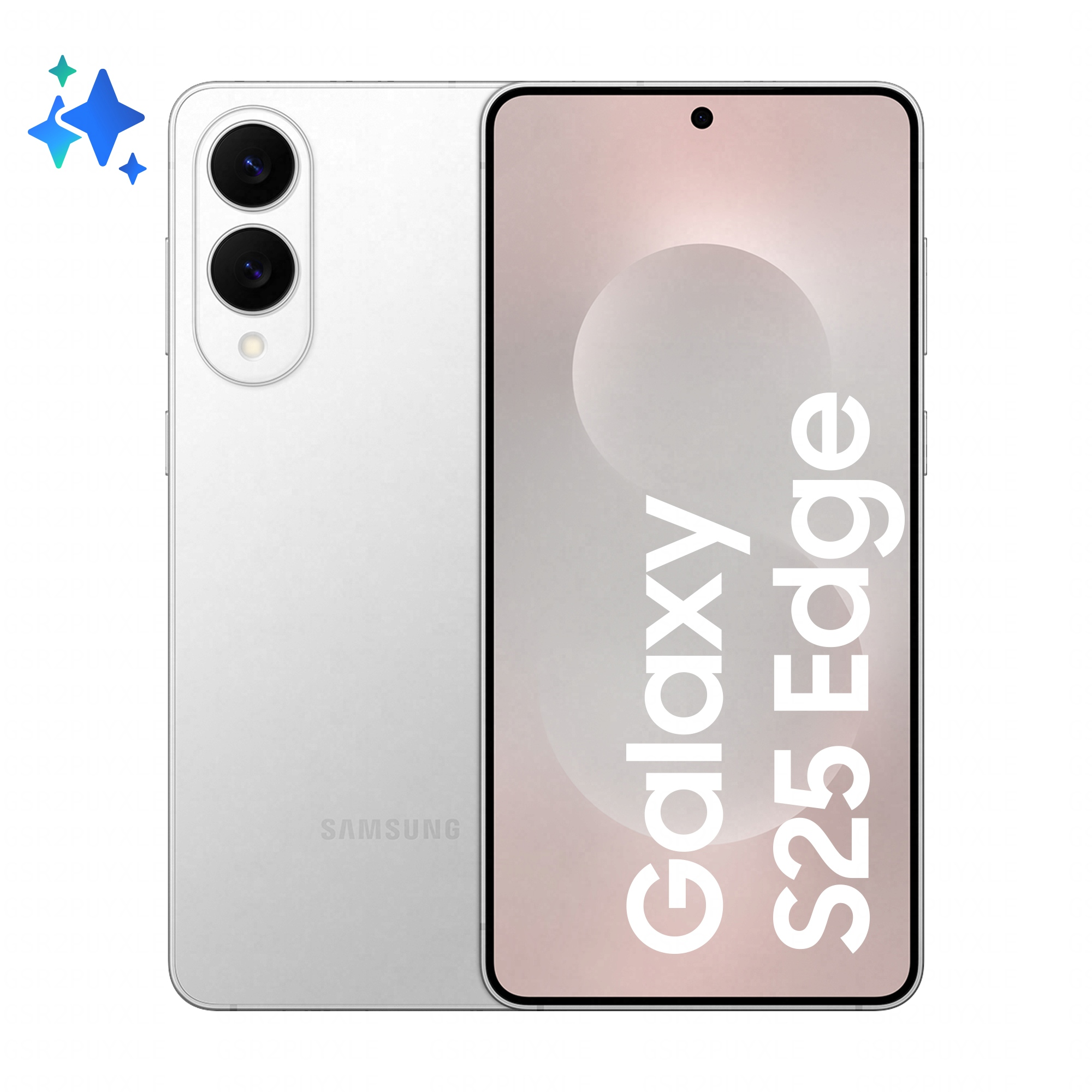 Biały smartfon Samsung Galaxy S25 Edge z dwoma aparatami i logo Samsung.