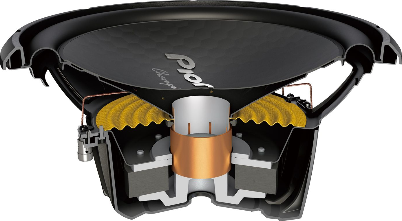 Vue en coupe d'un subwoofer Pioneer noir avec cône jaune et bobine de cuivre.