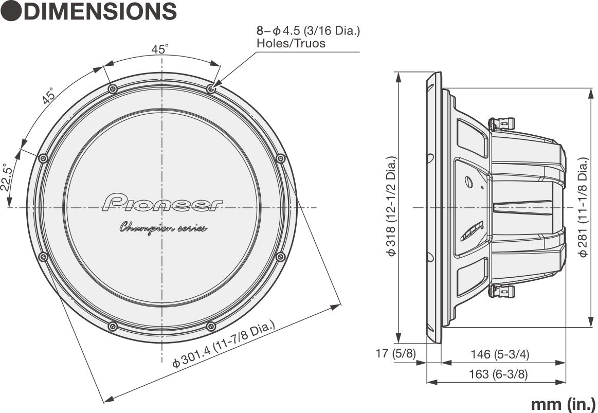 Dessin technique d'un haut-parleur Pioneer avec dimensions et angles.