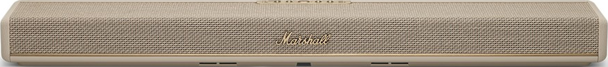 Ein beiger Marshall Lautsprecher mit einem goldenen Logo auf dem Grill.
