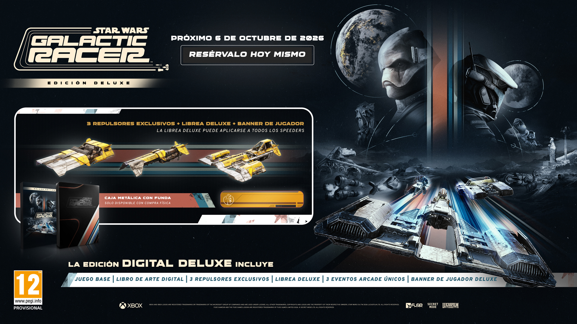 Portada de Star Wars: Galactic Racer Edición Deluxe con speeders, personajes e info.