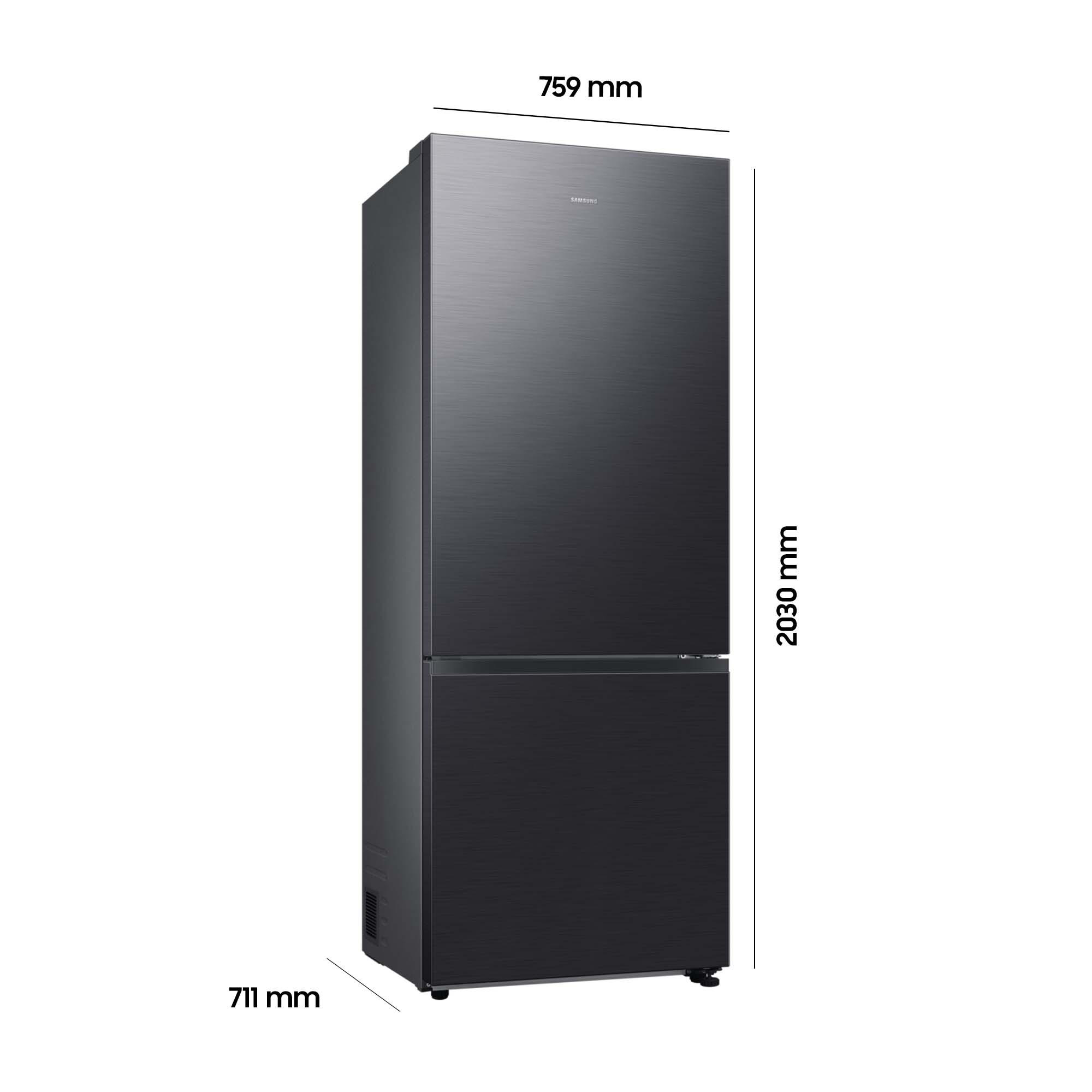 Dunkelgrauer Kühlschrank mit zwei Türen, mit Maßangaben.