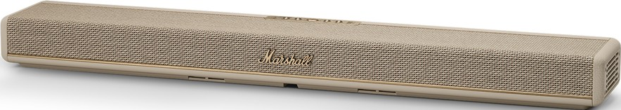 Ein sandfarbener Marshall Lautsprecher mit Gitterfront und goldenem Logo.