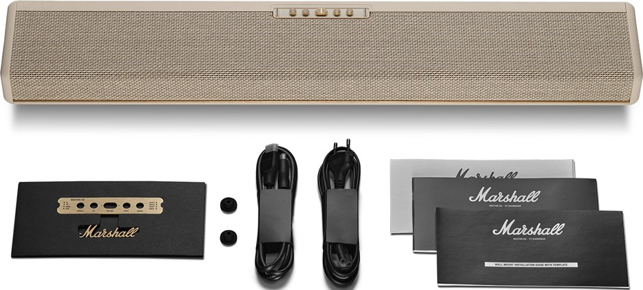 Ein Marshall Soundbar-Paket mit Kabeln, Anleitungen und Wandhalterungsschablone.