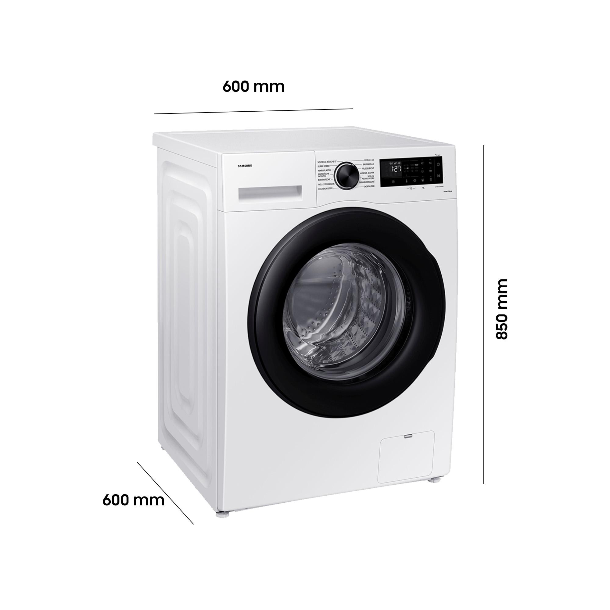Eine weiße Samsung Waschmaschine mit schwarzer Tür und Bedienfeld. Maße: 600x850x600 mm.