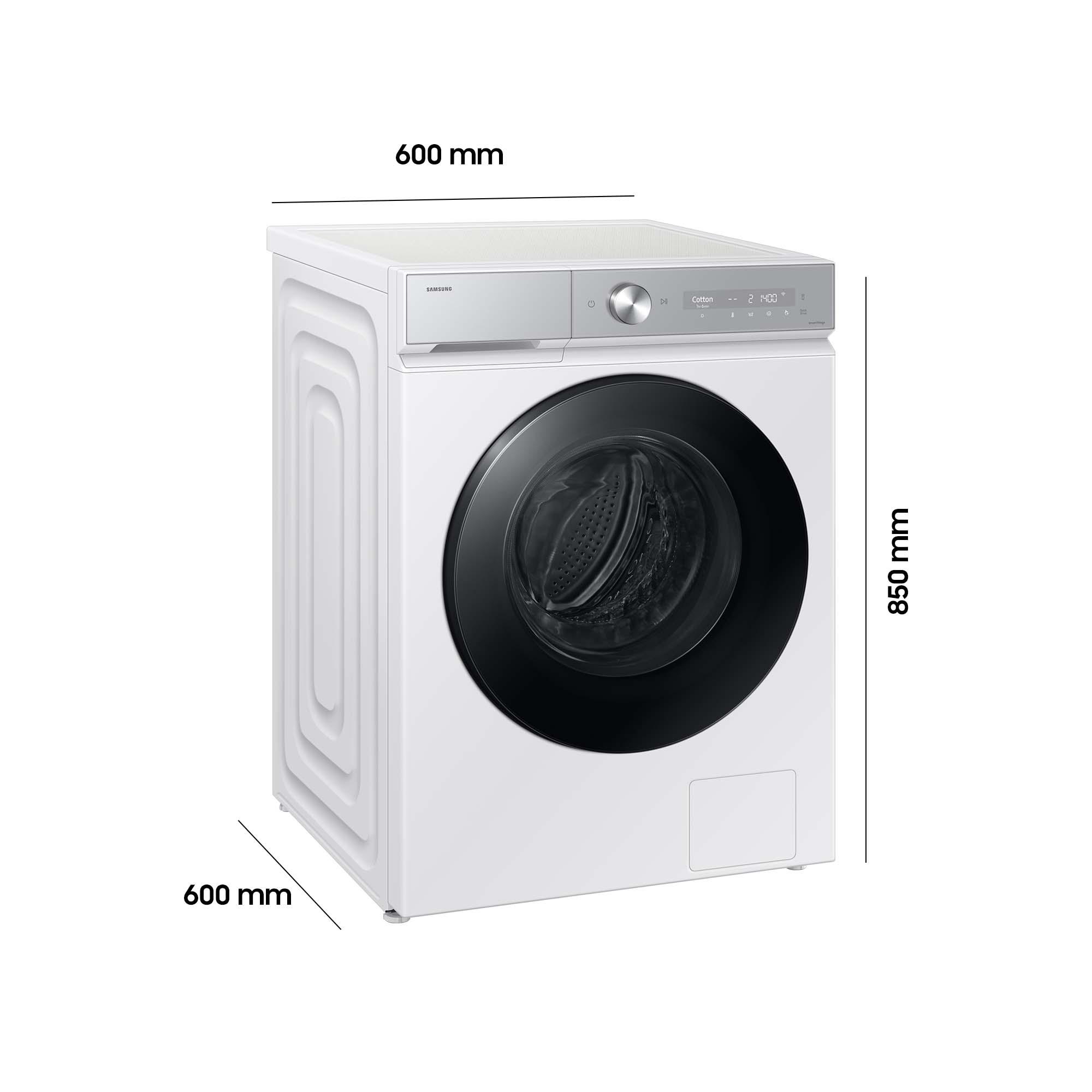 Weiße Samsung Waschmaschine mit silberner Steuerung, 600x600x850mm.
