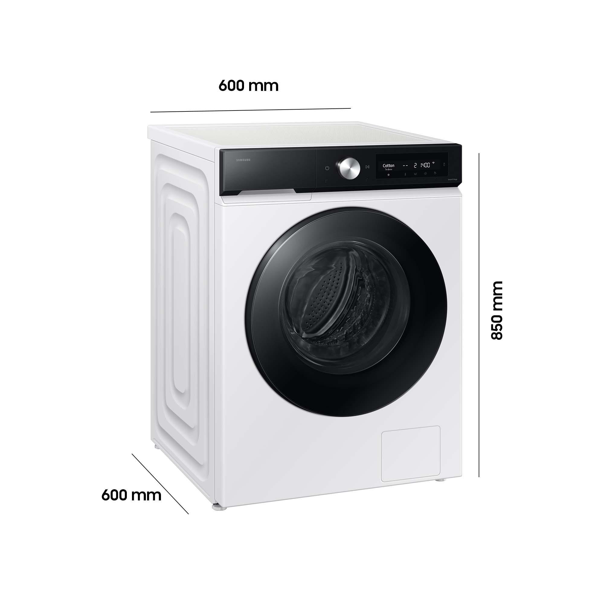 Weiße Samsung Waschmaschine mit schwarzer Tür und Bedienfeld. Maße 850x600x600mm.