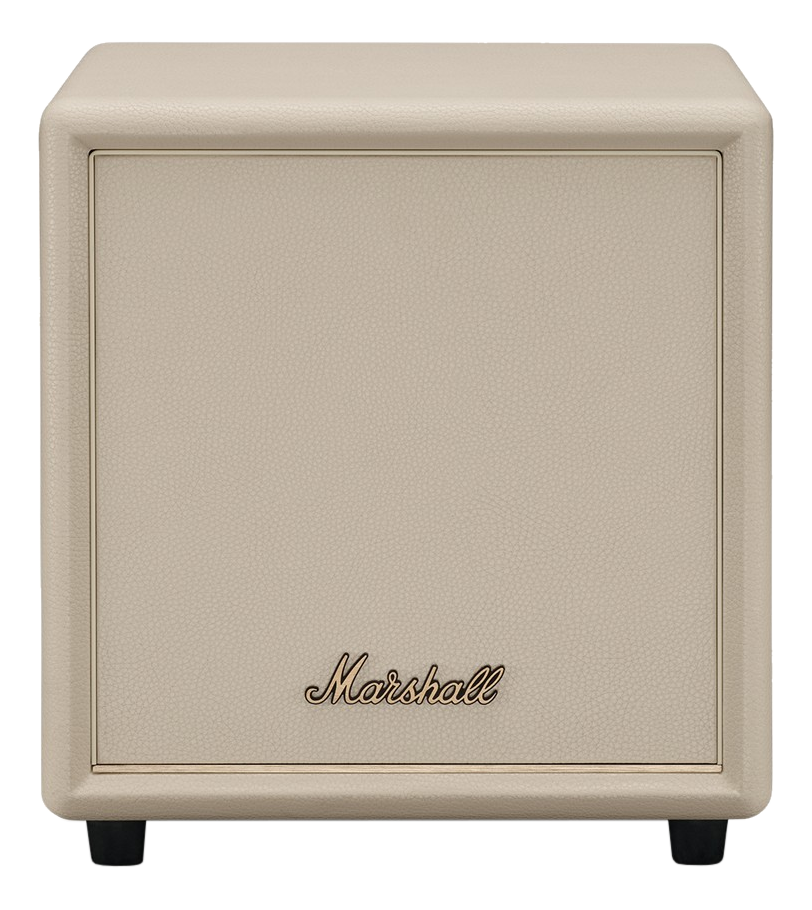 Beige Marshall Verstärker mit goldener Schrift und schwarzen Füßen.