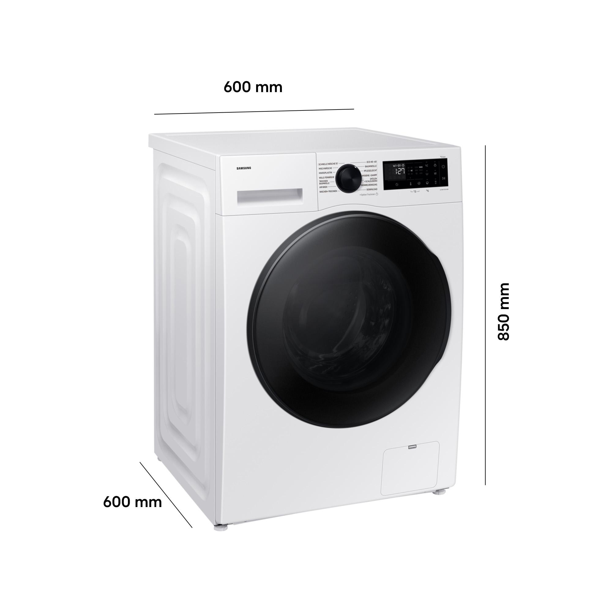 Weiße Samsung Waschmaschine mit digitalem Display und Maßen 600x600x850mm.