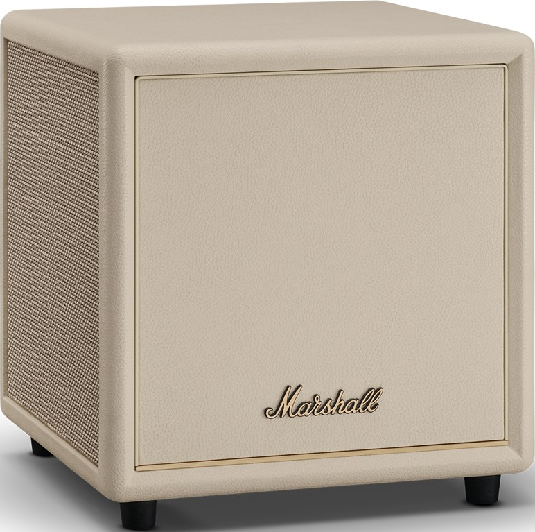 Ein cremefarbener Marshall-Lautsprecher mit Stoffgitter an der Seite und schwarzem Logo.