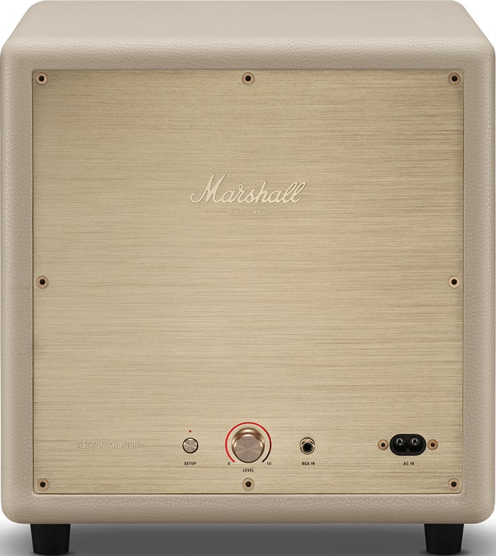 Rückseite eines cremefarbenen Marshall Subwoofers mit gebürstetem Metallpanel.