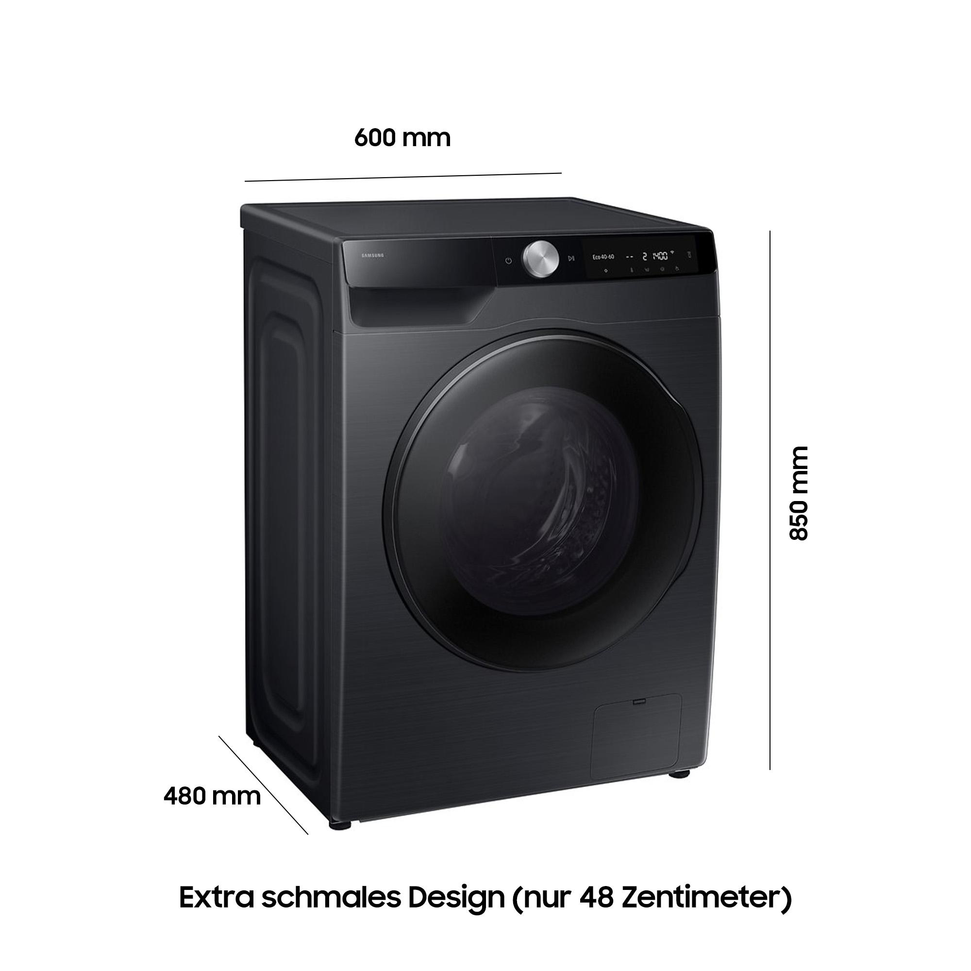 Schwarze Samsung Waschmaschine mit Maßen 600x850x480 mm.