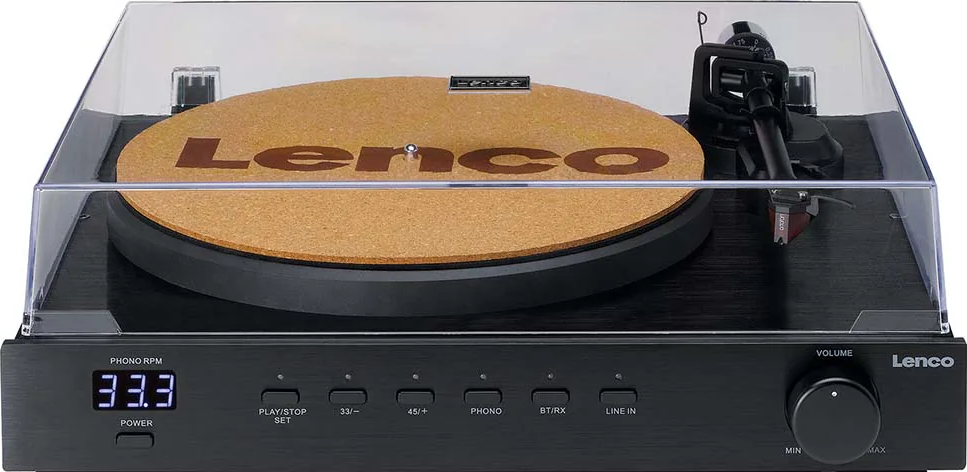 Une platine Lenco noire avec capot transparent et affichage numérique des tours/min.